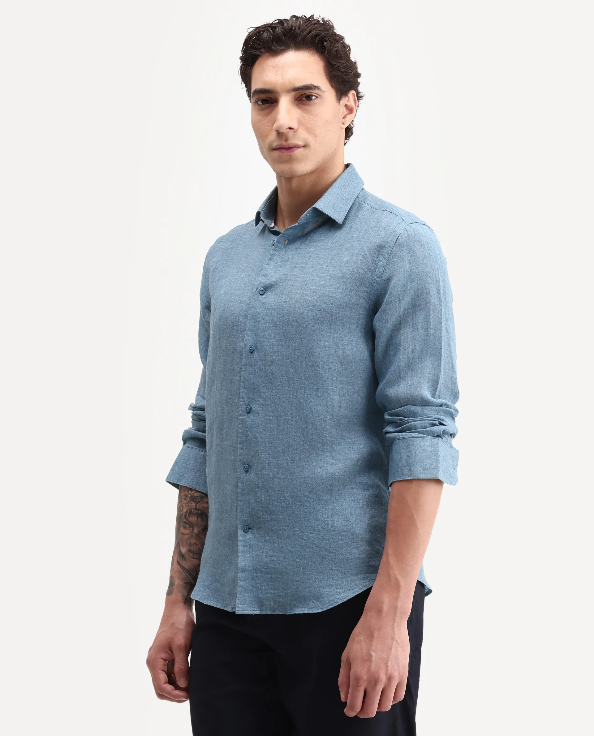 Rare Rabbit Men's Borium-26 Blue 100% Linen Full Sleeve Spread Collar Regular Fit Plain Shirt - Image 5