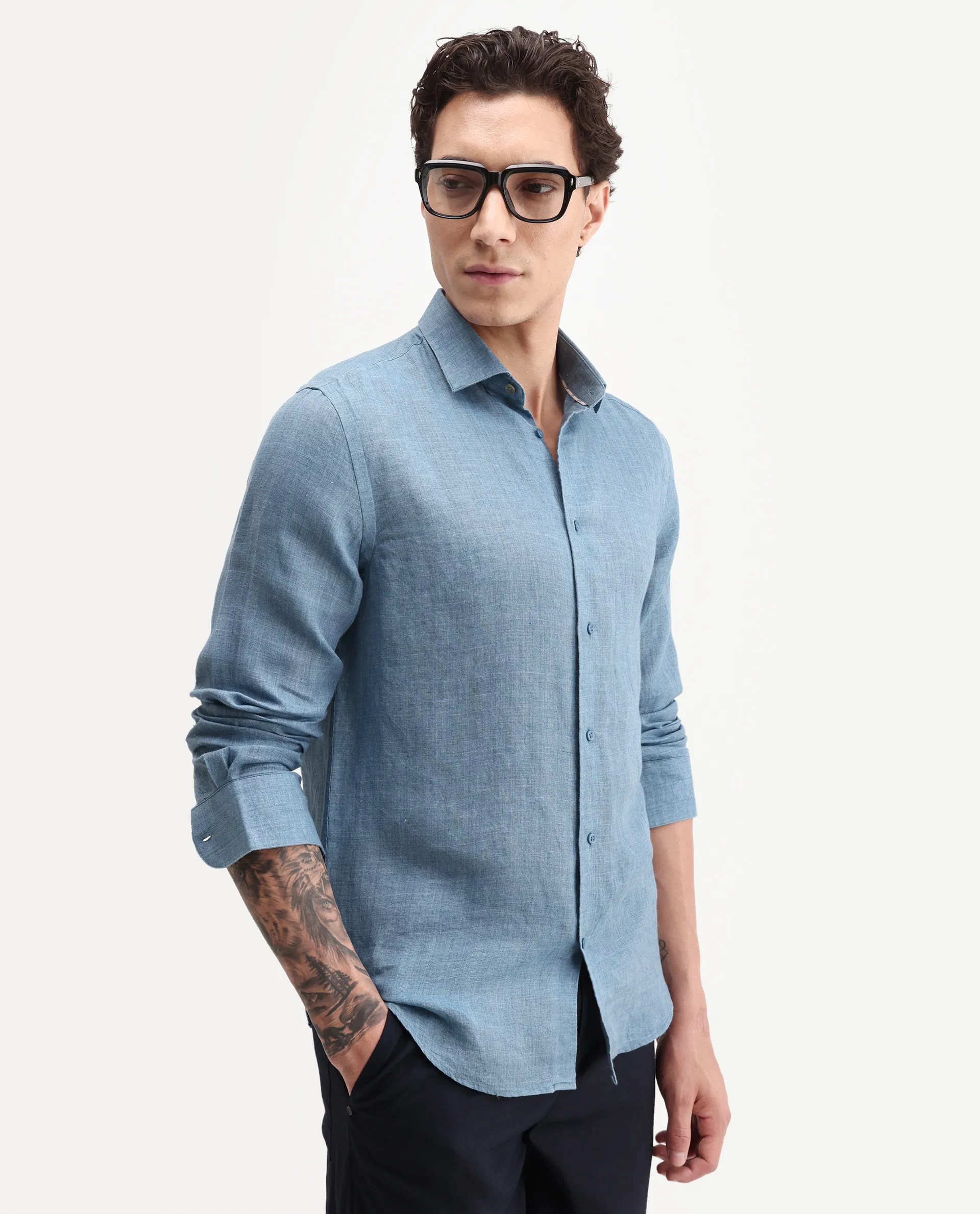 Rare Rabbit Men's Borium-26 Blue 100% Linen Full Sleeve Spread Collar Regular Fit Plain Shirt - Image 6