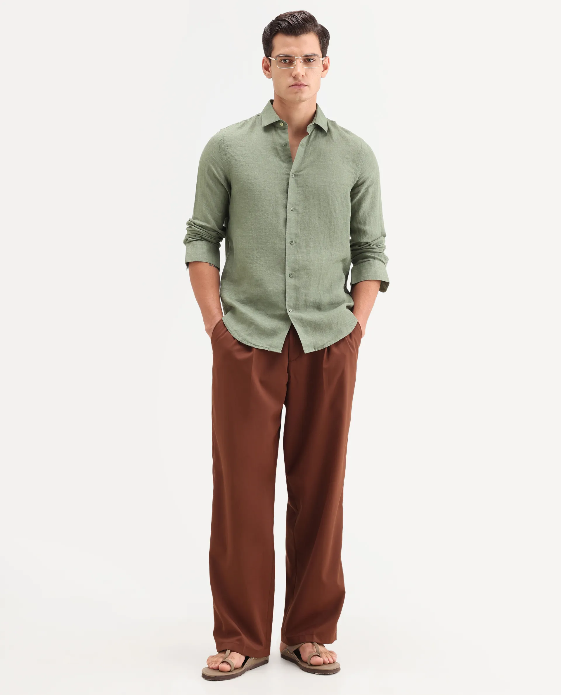 Rare Rabbit Men's Borium-26 Green 100% Linen Full Sleeve Spread Collar Regular Fit Plain Shirt - Image 2