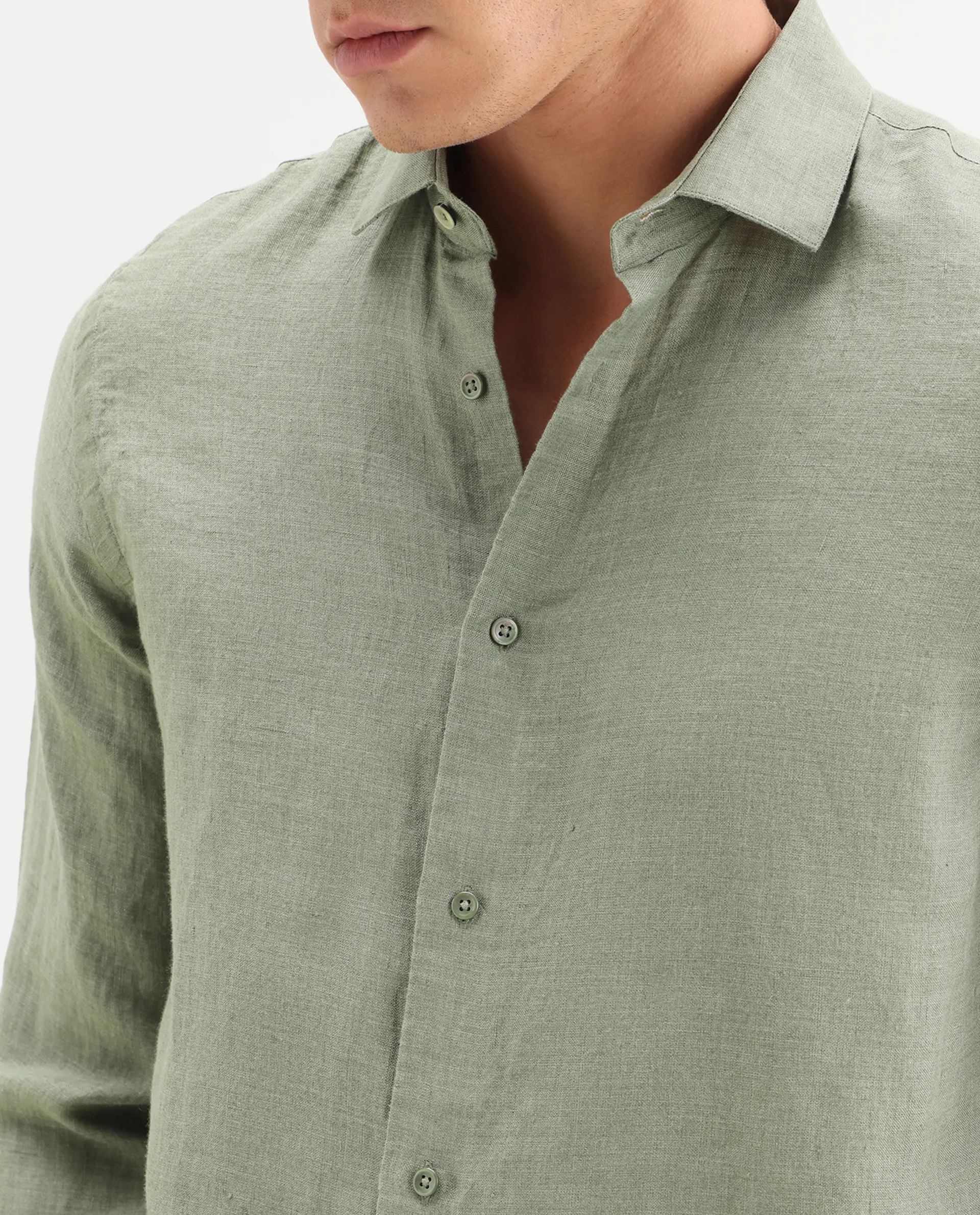 Rare Rabbit Men's Borium-26 Green 100% Linen Full Sleeve Spread Collar Regular Fit Plain Shirt - Image 3