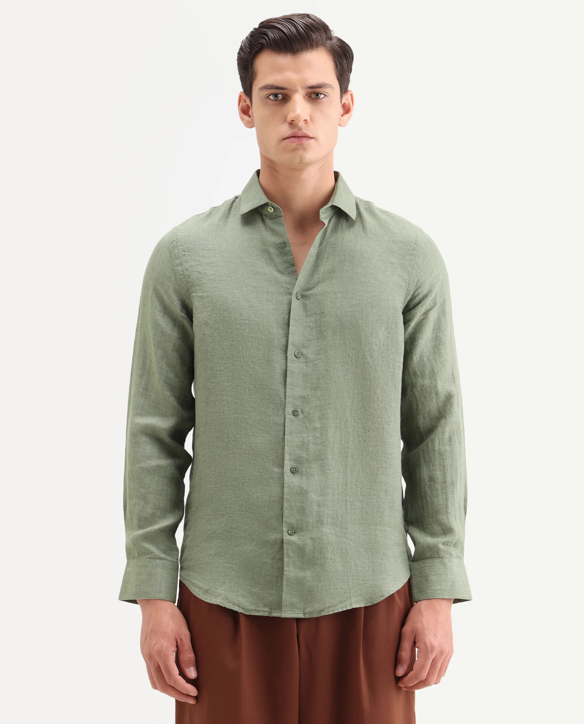 Rare Rabbit Men's Borium-26 Green 100% Linen Full Sleeve Spread Collar Regular Fit Plain Shirt - Image 4