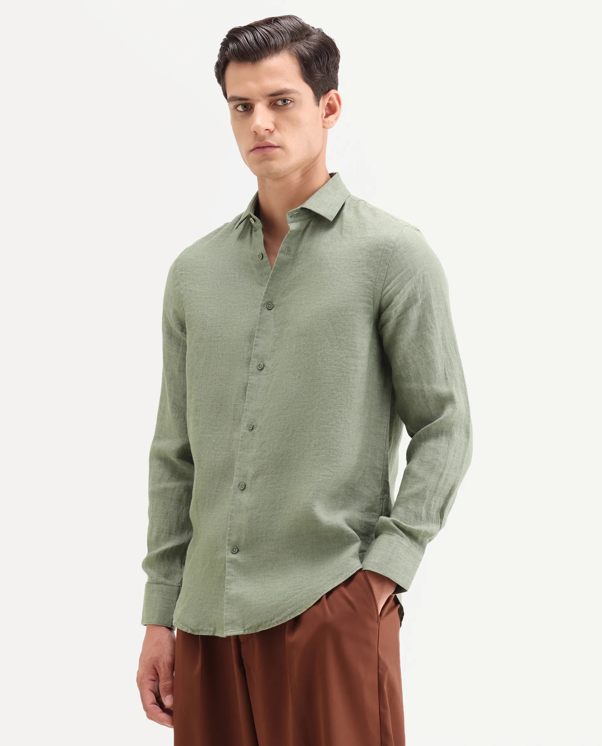 Rare Rabbit Men's Borium-26 Green 100% Linen Full Sleeve Spread Collar Regular Fit Plain Shirt - Image 5