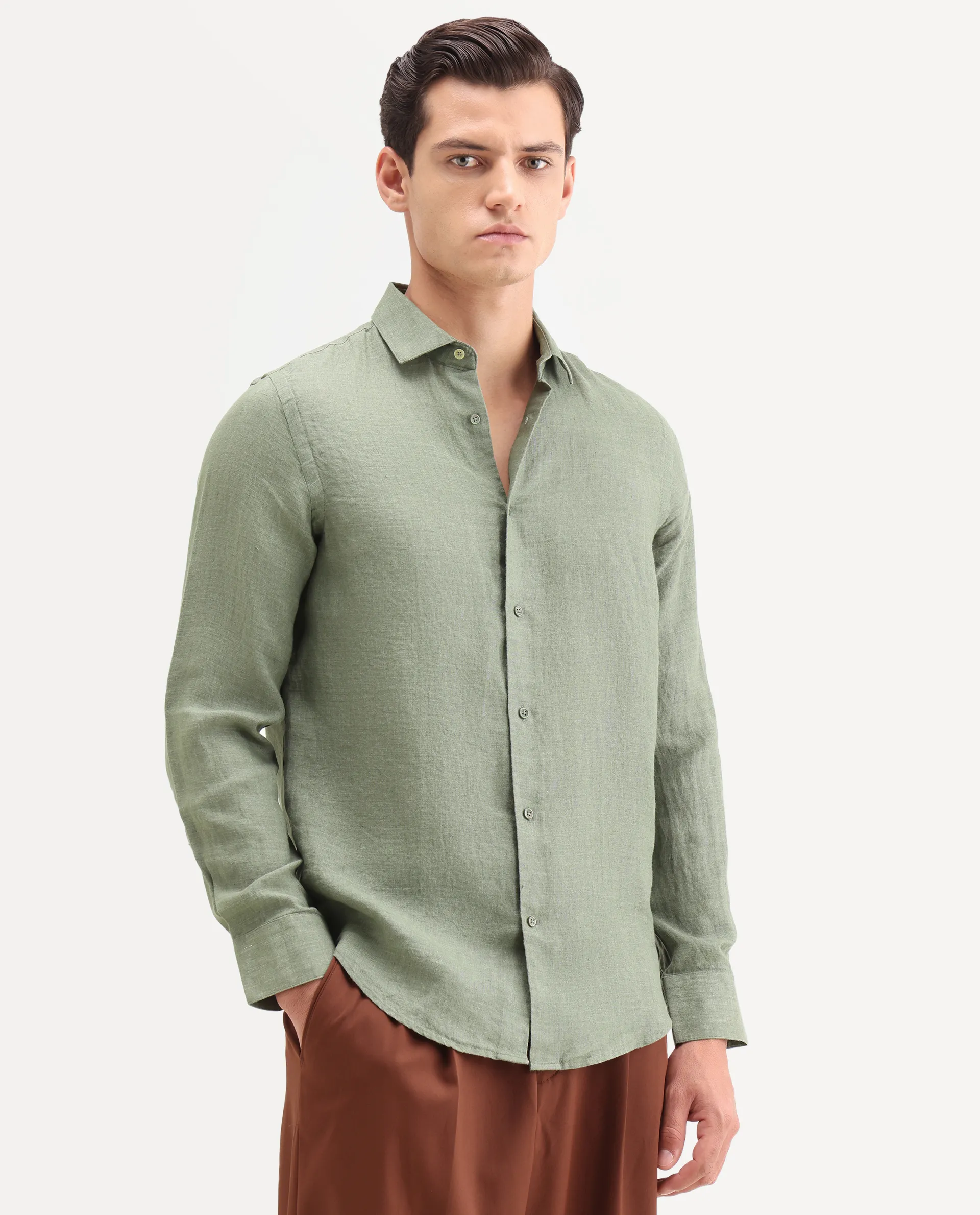Rare Rabbit Men's Borium-26 Green 100% Linen Full Sleeve Spread Collar Regular Fit Plain Shirt - Image 6