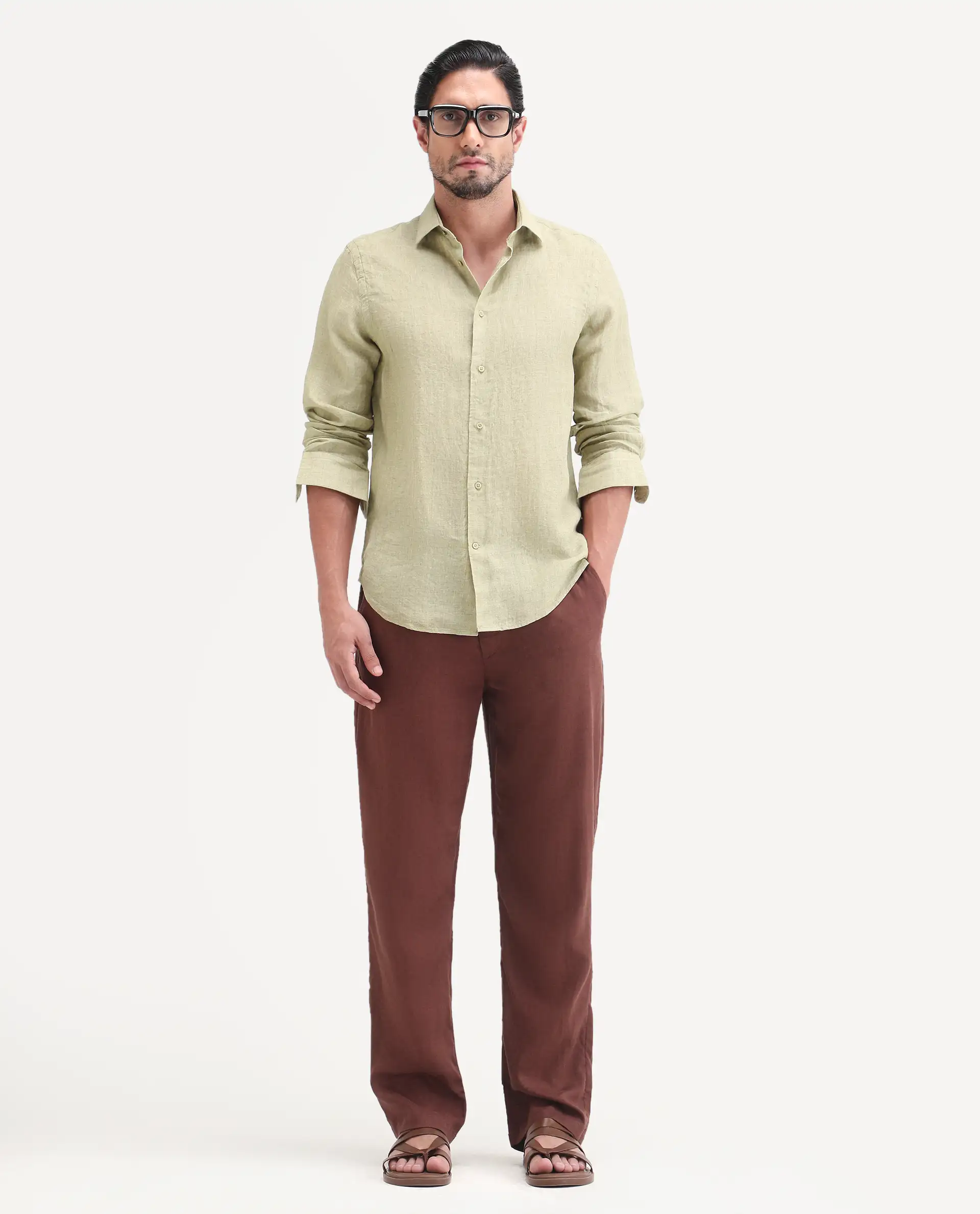 Rare Rabbit Men's Borium-26 Light Green 100% Linen Full Sleeve Spread Collar Regular Fit Plain Shirt - Image 2