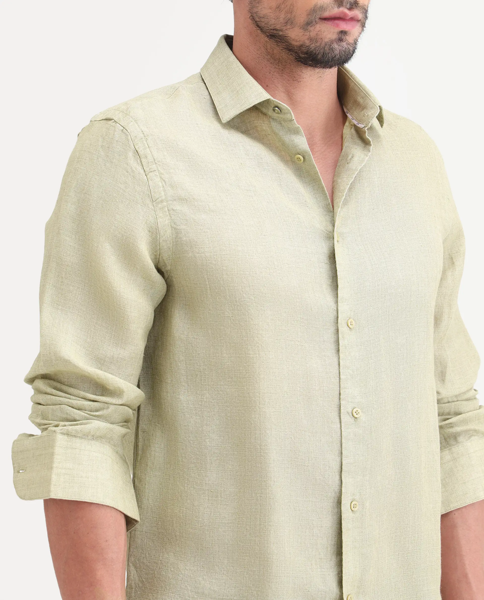Rare Rabbit Men's Borium-26 Light Green 100% Linen Full Sleeve Spread Collar Regular Fit Plain Shirt - Image 3