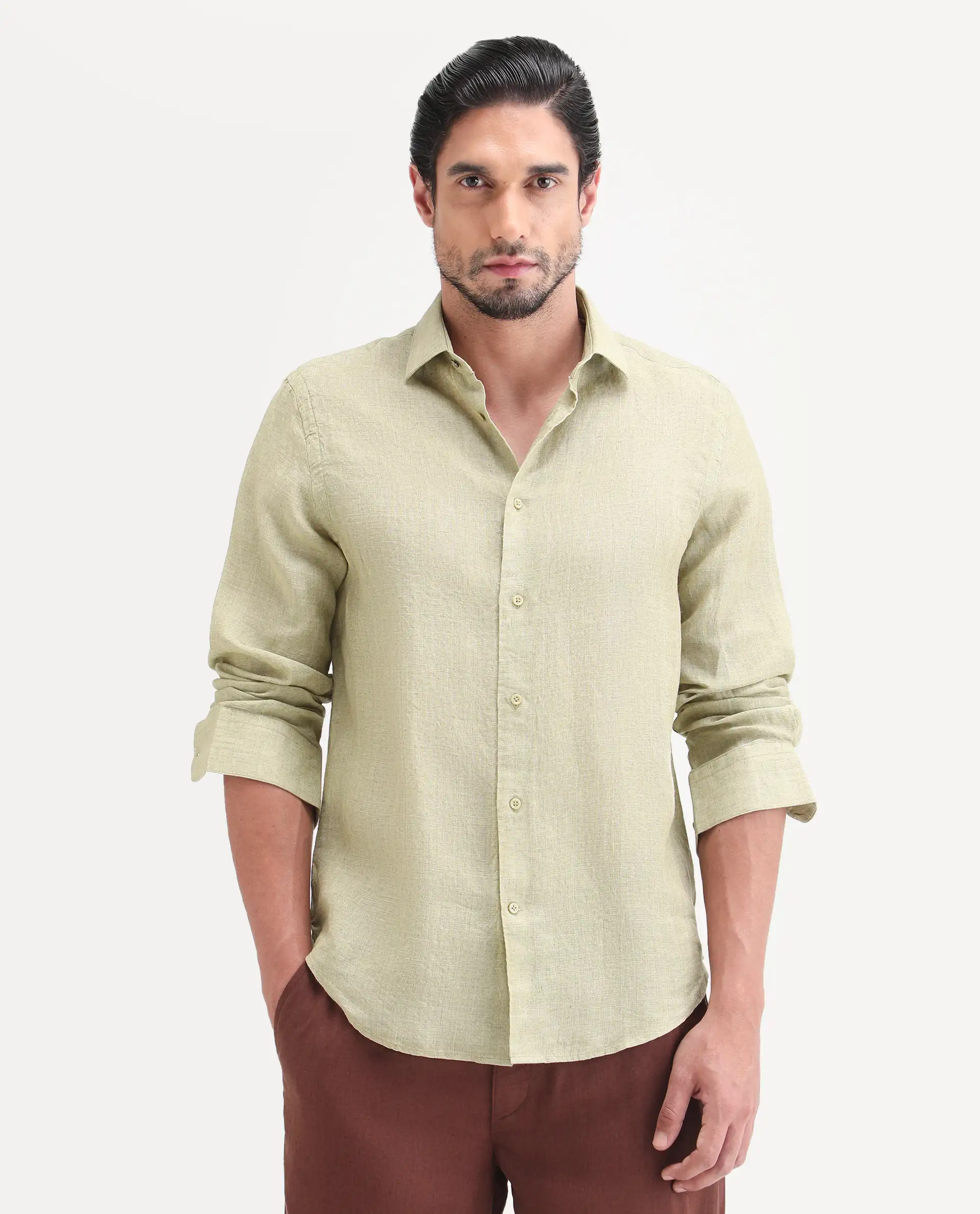 Rare Rabbit Men's Borium-26 Light Green 100% Linen Full Sleeve Spread Collar Regular Fit Plain Shirt - Image 4