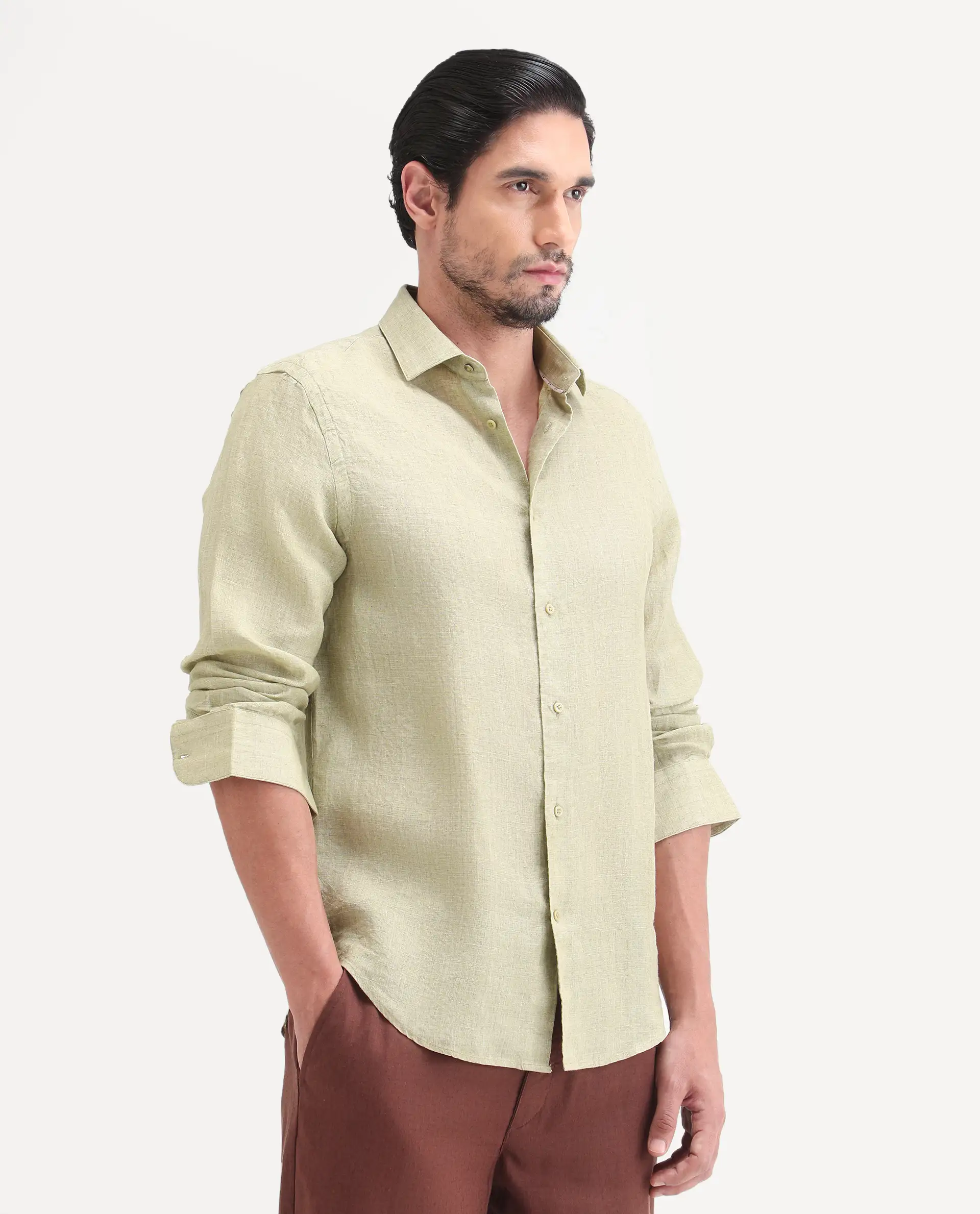 Rare Rabbit Men's Borium-26 Light Green 100% Linen Full Sleeve Spread Collar Regular Fit Plain Shirt - Image 5