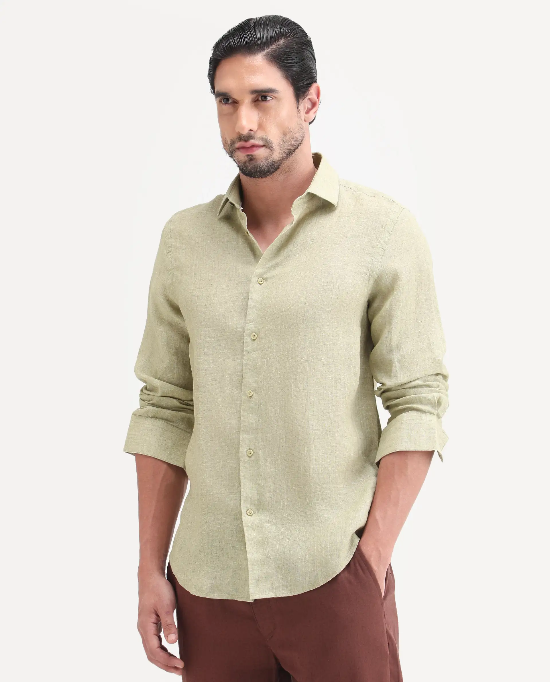 Rare Rabbit Men's Borium-26 Light Green 100% Linen Full Sleeve Spread Collar Regular Fit Plain Shirt - Image 6