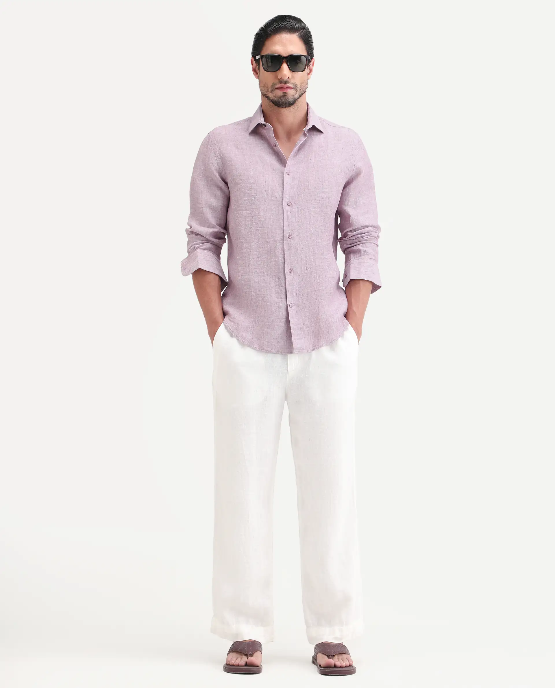 Rare Rabbit Men's Borium-26 Pink 100% Linen Full Sleeve Spread Collar Regular Fit Plain Shirt - Image 2