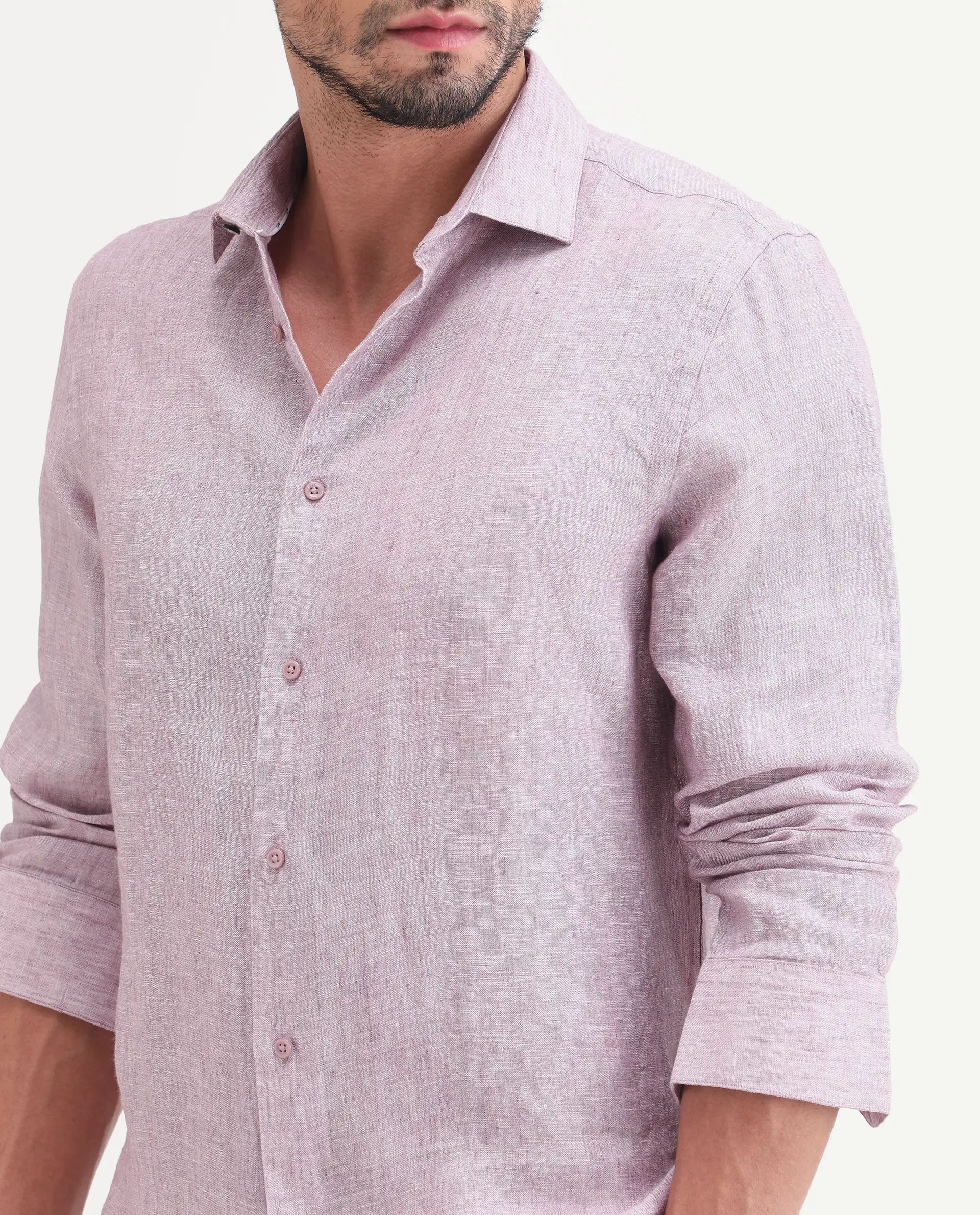 Rare Rabbit Men's Borium-26 Pink 100% Linen Full Sleeve Spread Collar Regular Fit Plain Shirt - Image 3