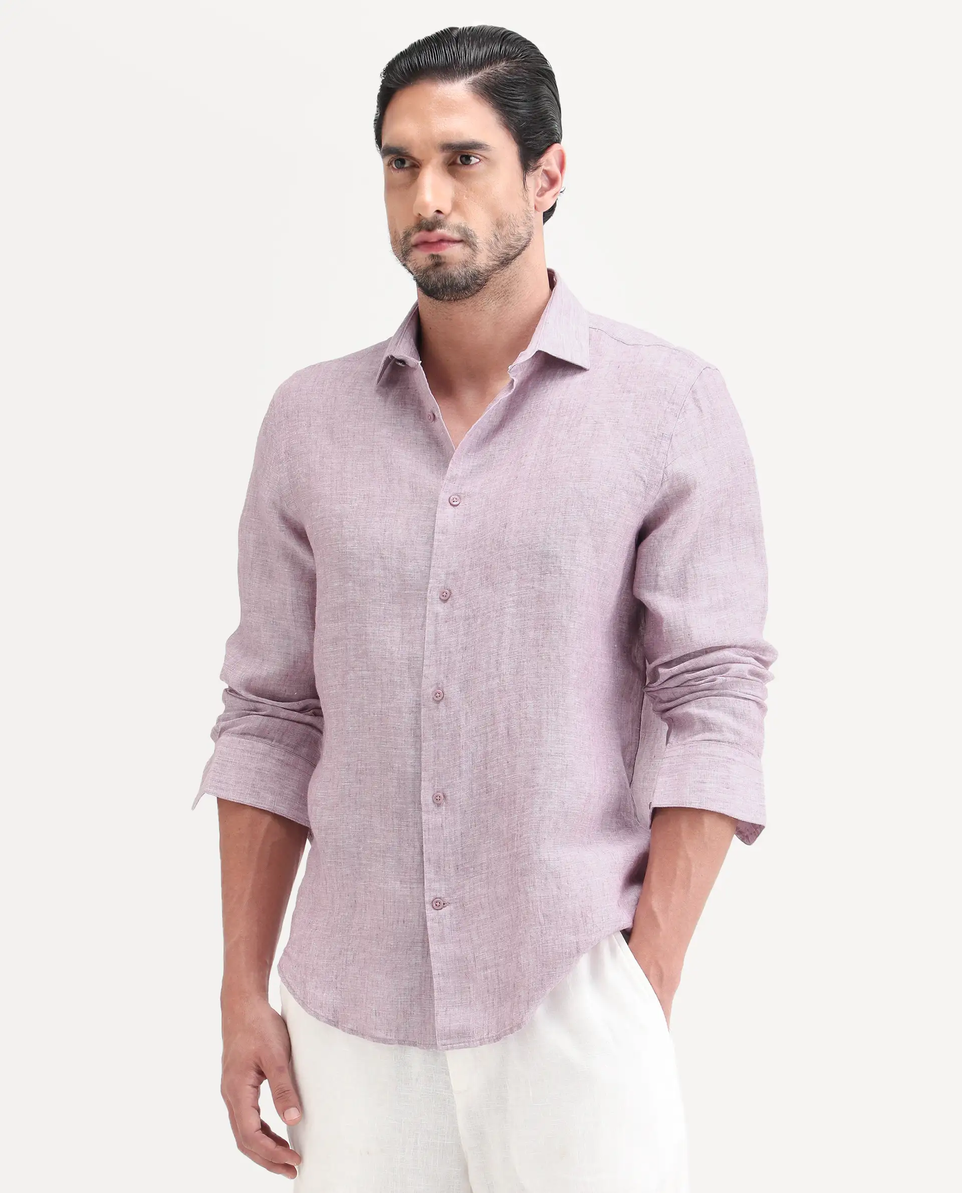 Rare Rabbit Men's Borium-26 Pink 100% Linen Full Sleeve Spread Collar Regular Fit Plain Shirt - Image 4
