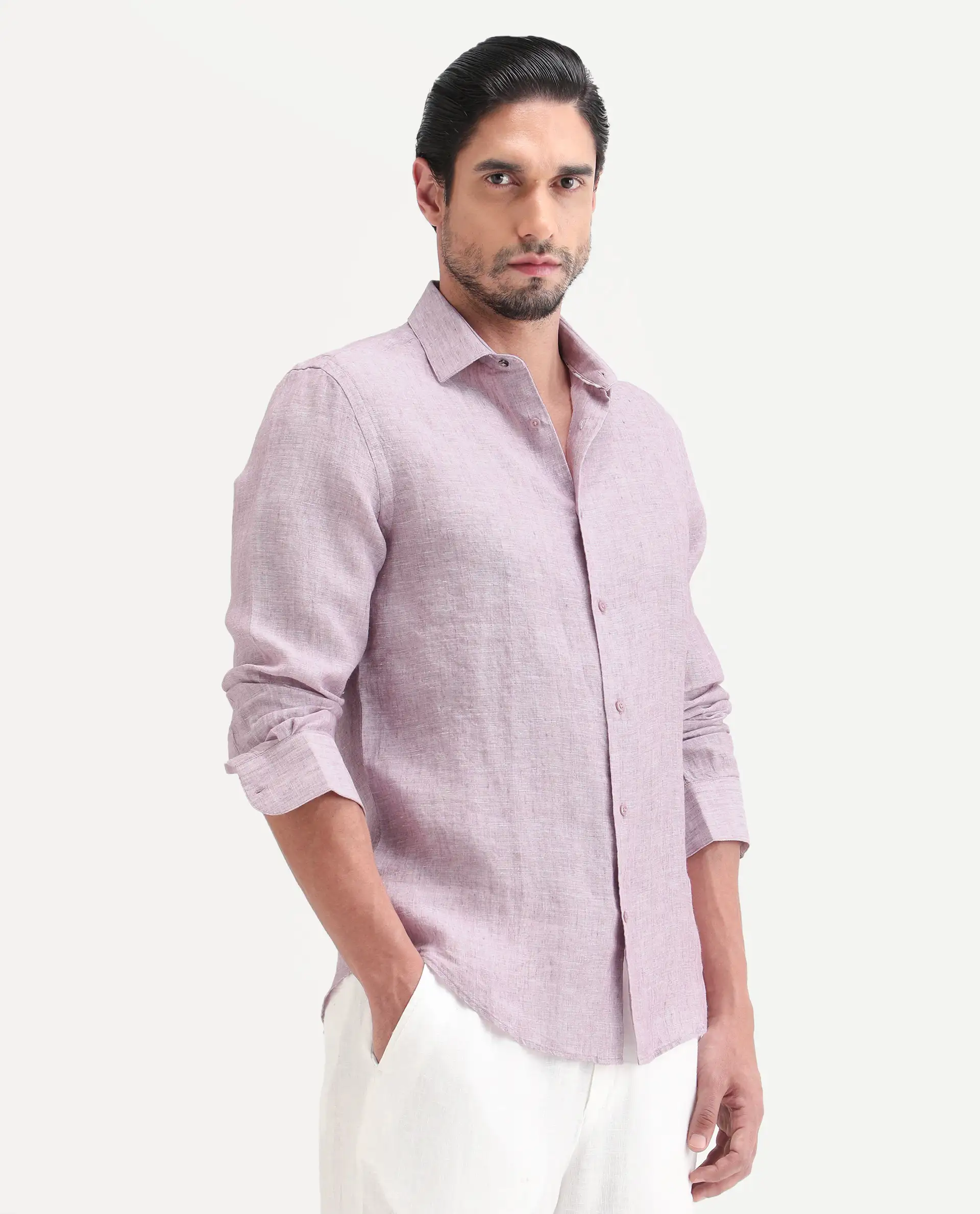 Rare Rabbit Men's Borium-26 Pink 100% Linen Full Sleeve Spread Collar Regular Fit Plain Shirt - Image 5