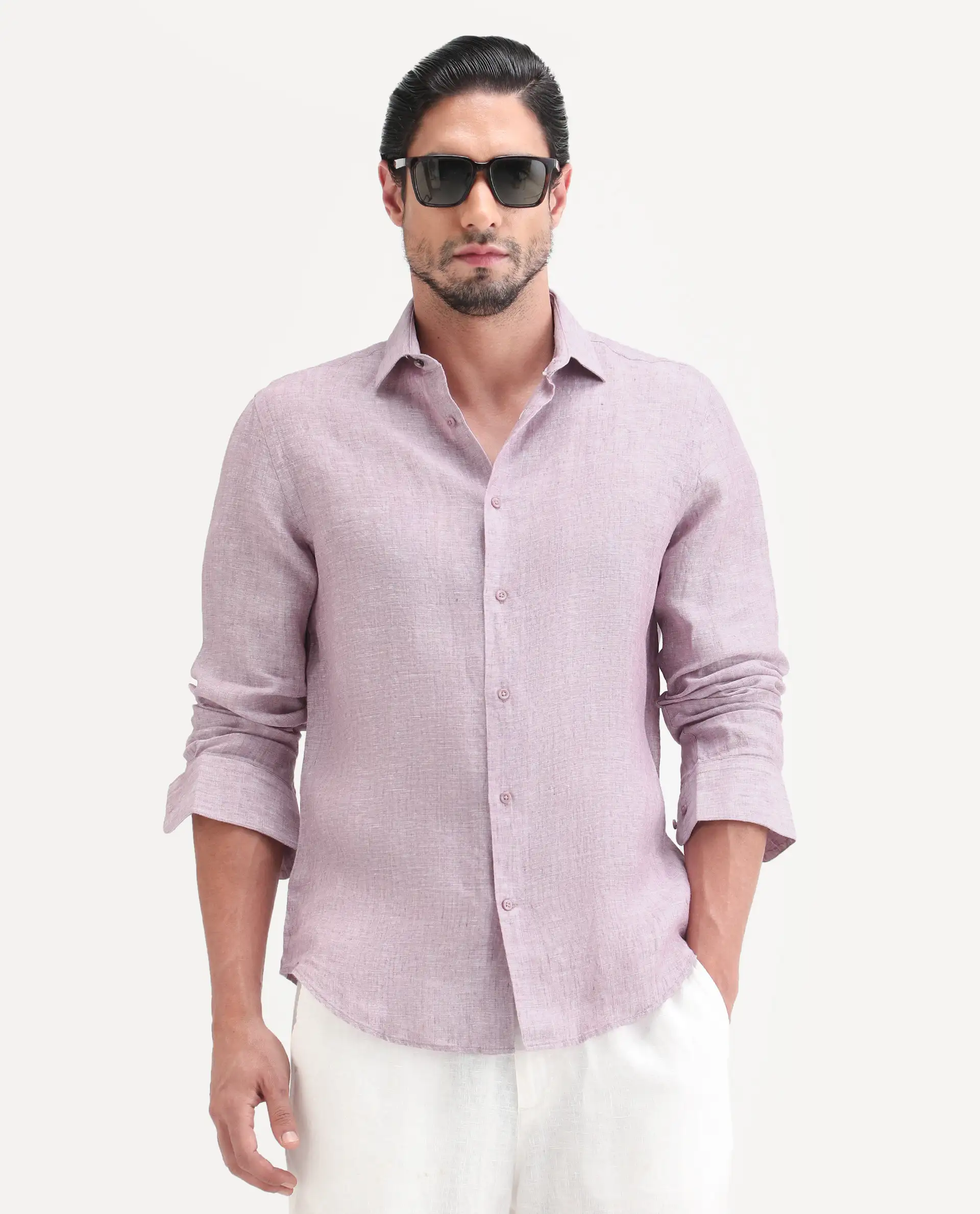 Rare Rabbit Men's Borium-26 Pink 100% Linen Full Sleeve Spread Collar Regular Fit Plain Shirt - Image 6