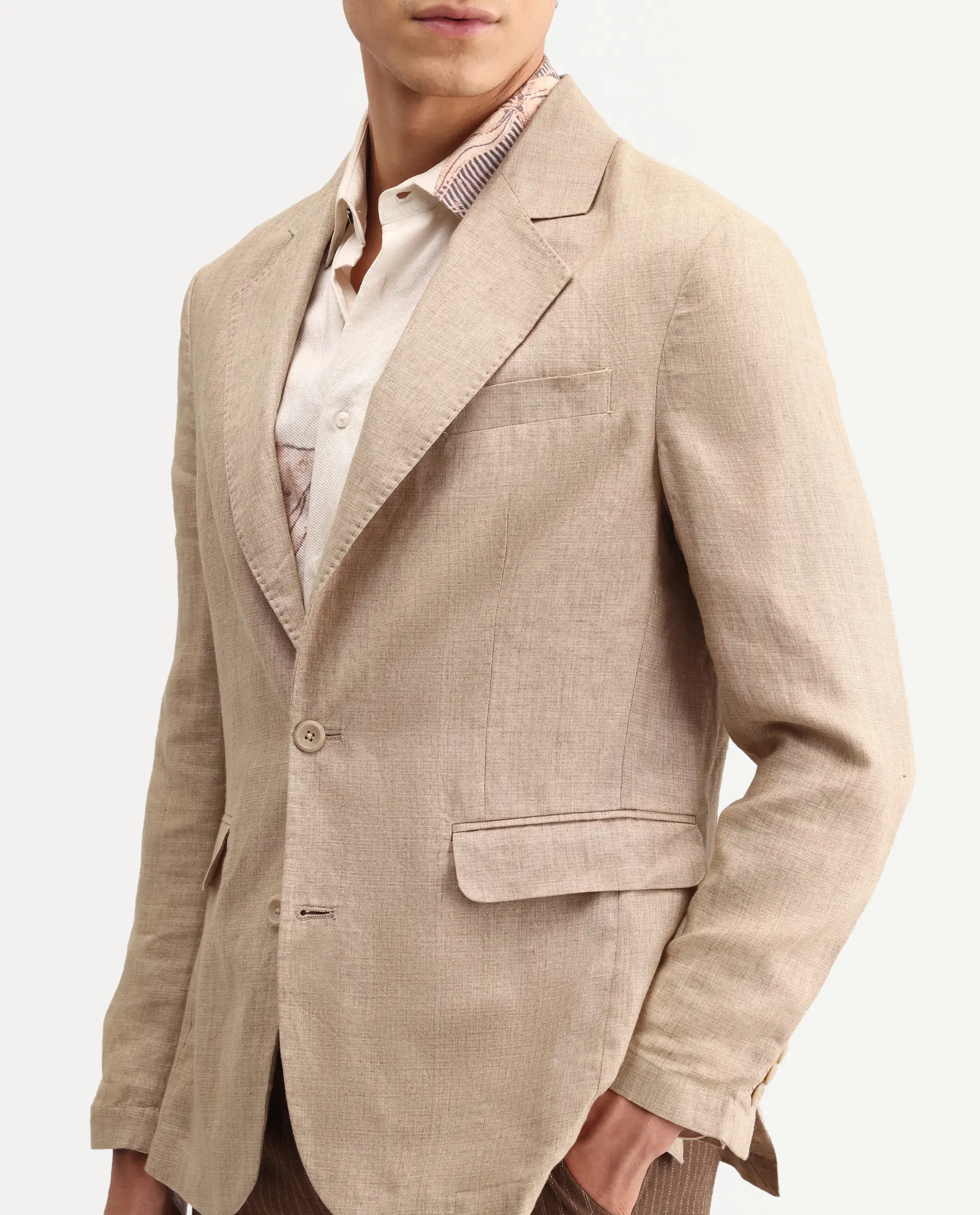 Rare Rabbit Men's Borium-Bl Beige 100% Linen Fabric Full Sleeve Lapel Collar Regular Plain Blazer - Image 3