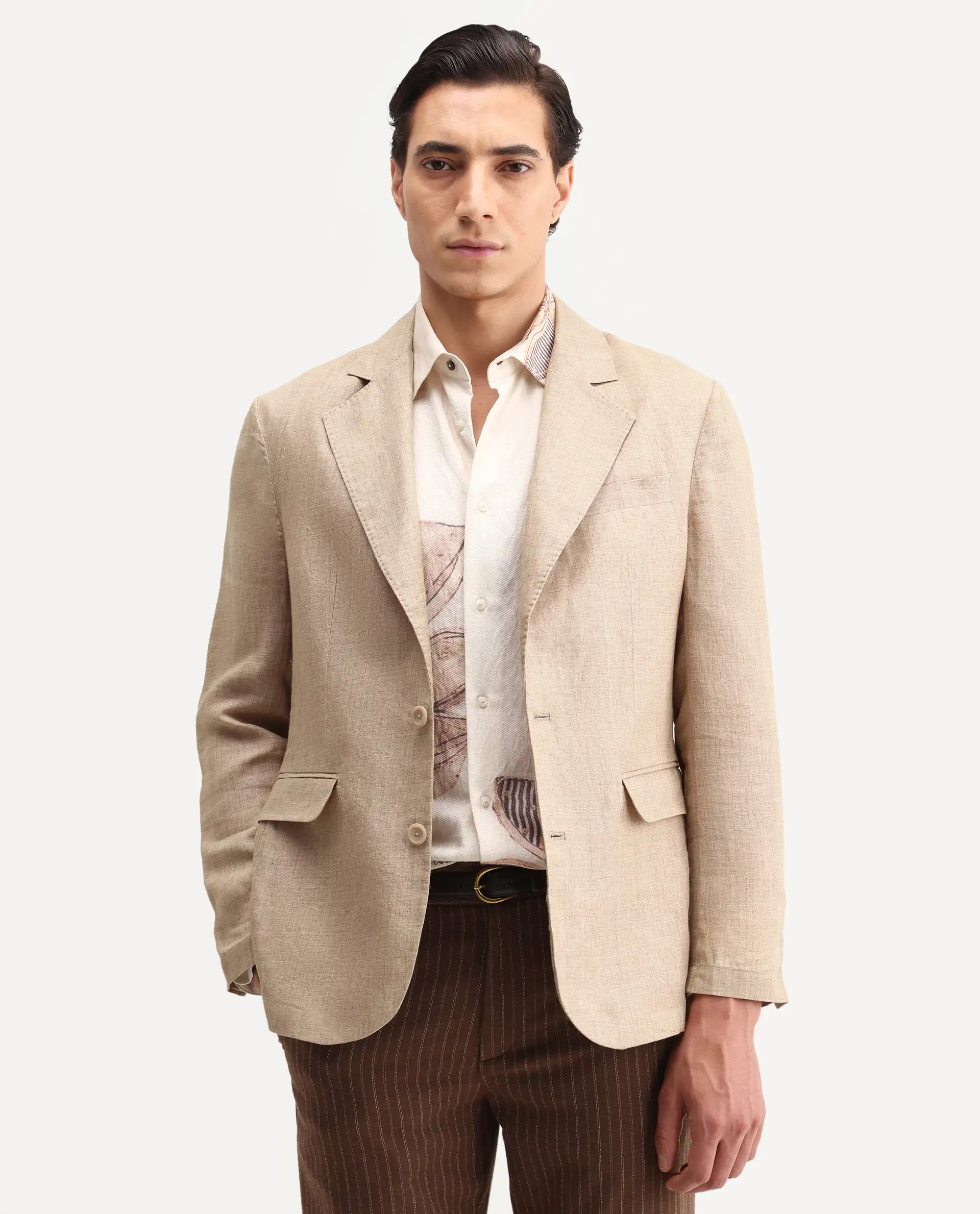 Rare Rabbit Men's Borium-Bl Beige 100% Linen Fabric Full Sleeve Lapel Collar Regular Plain Blazer - Image 4