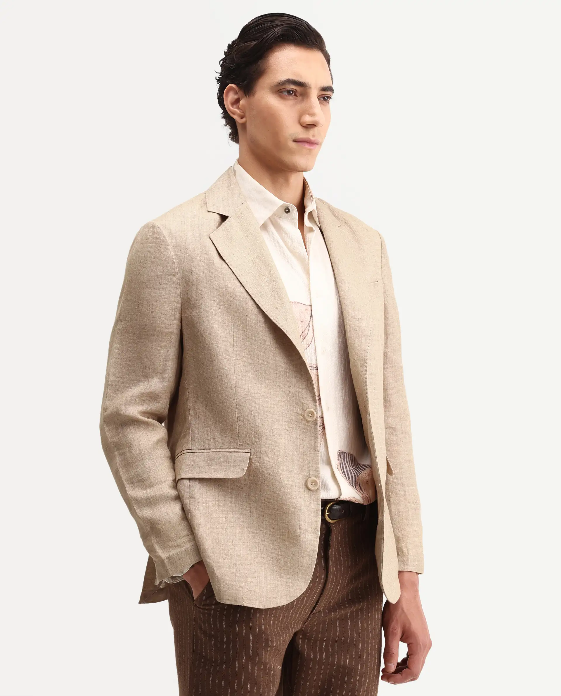 Rare Rabbit Men's Borium-Bl Beige 100% Linen Fabric Full Sleeve Lapel Collar Regular Plain Blazer - Image 5