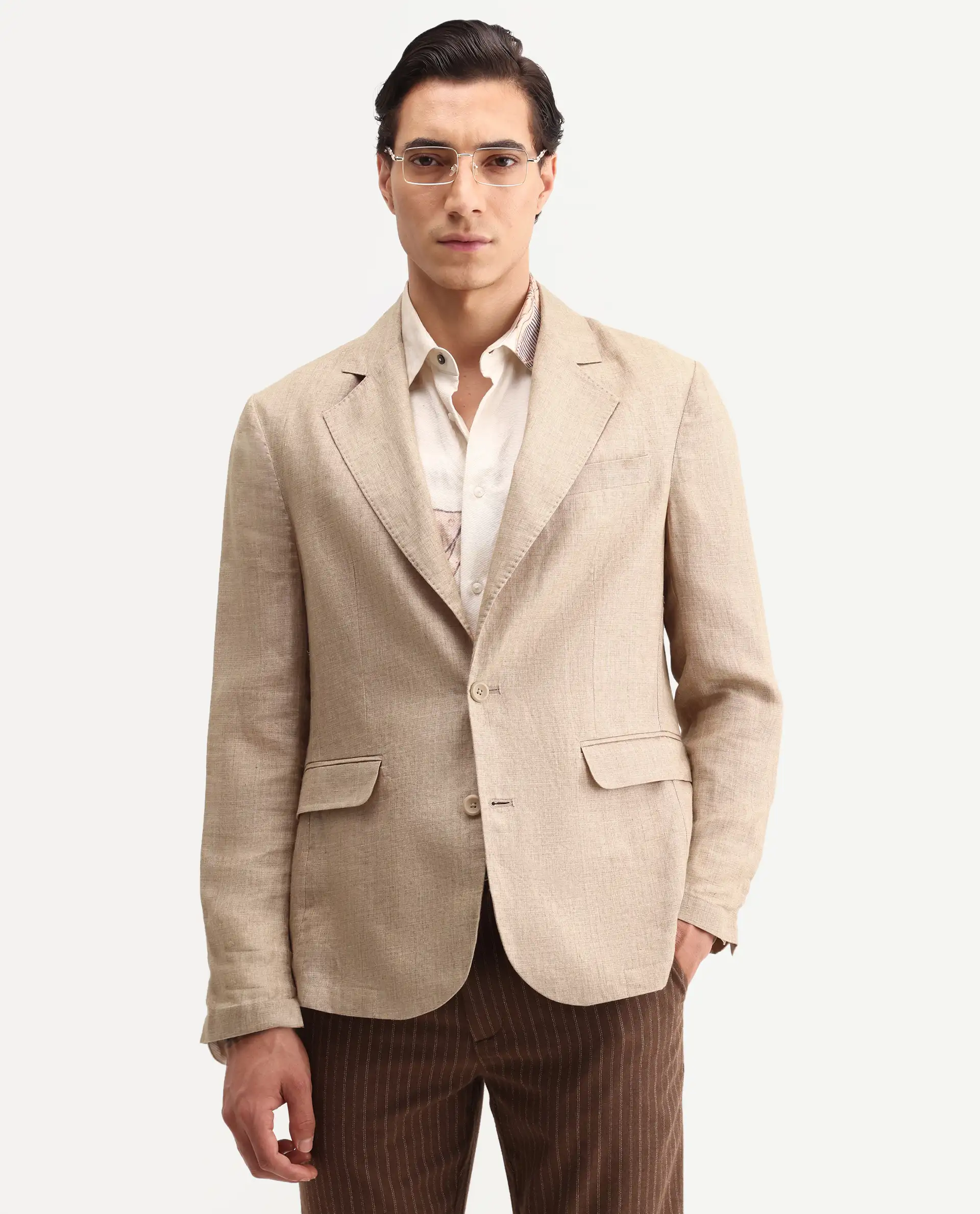 Rare Rabbit Men's Borium-Bl Beige 100% Linen Fabric Full Sleeve Lapel Collar Regular Plain Blazer - Image 7