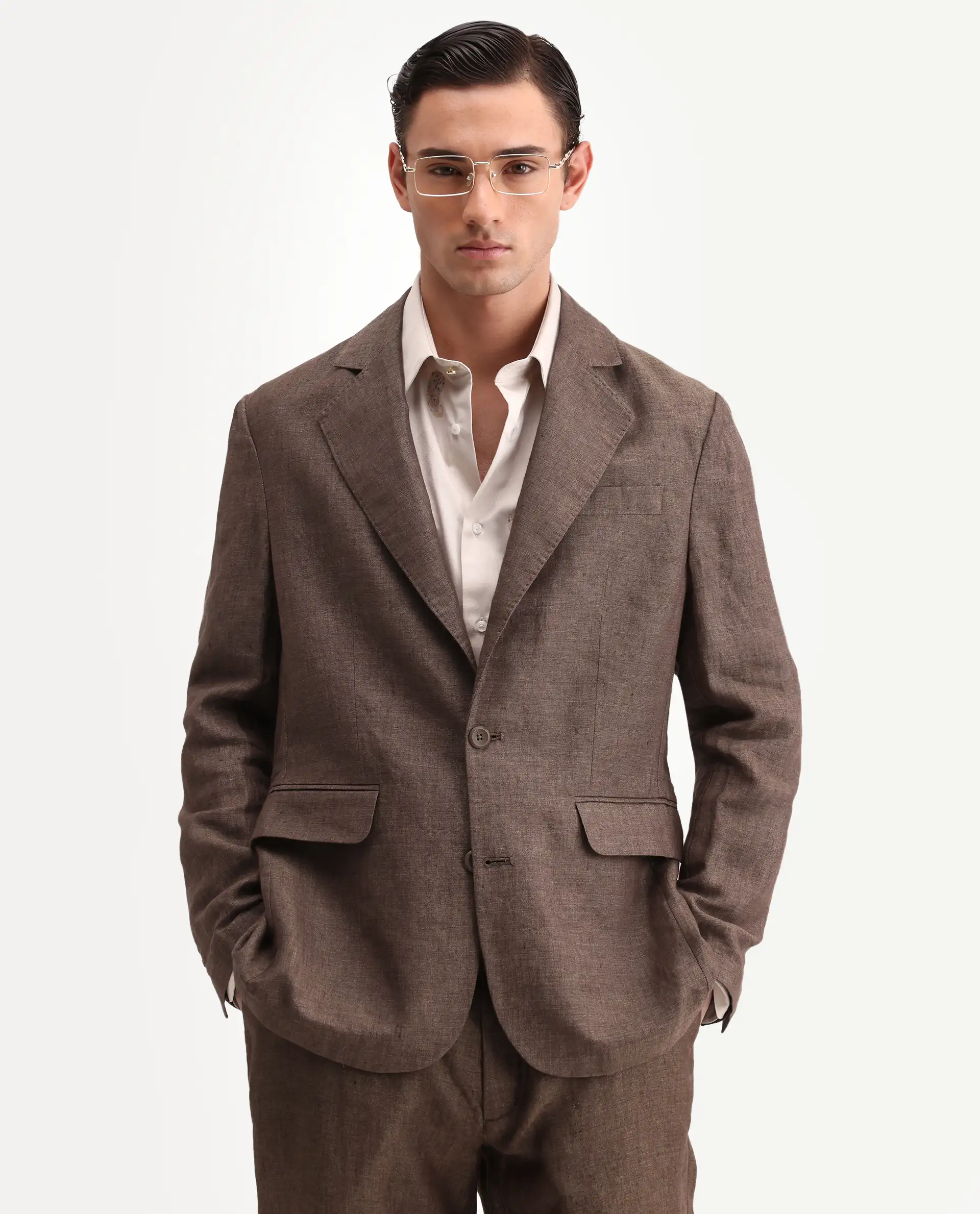 Rare Rabbit Men's Borium-Bl Brown 100% Linen Fabric Full Sleeve Lapel Collar Regular Plain Blazer
