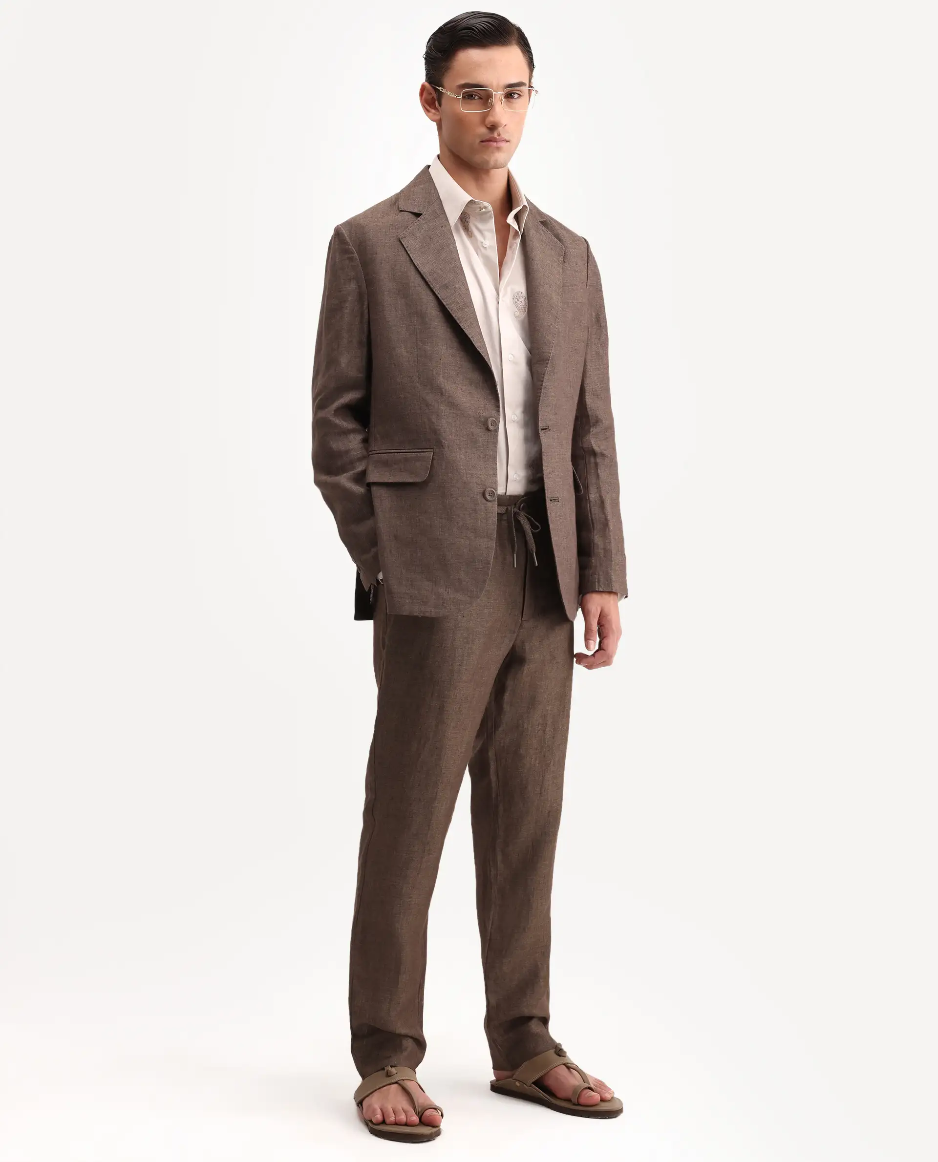 Rare Rabbit Men's Borium-Bl Brown 100% Linen Fabric Full Sleeve Lapel Collar Regular Plain Blazer - Image 2