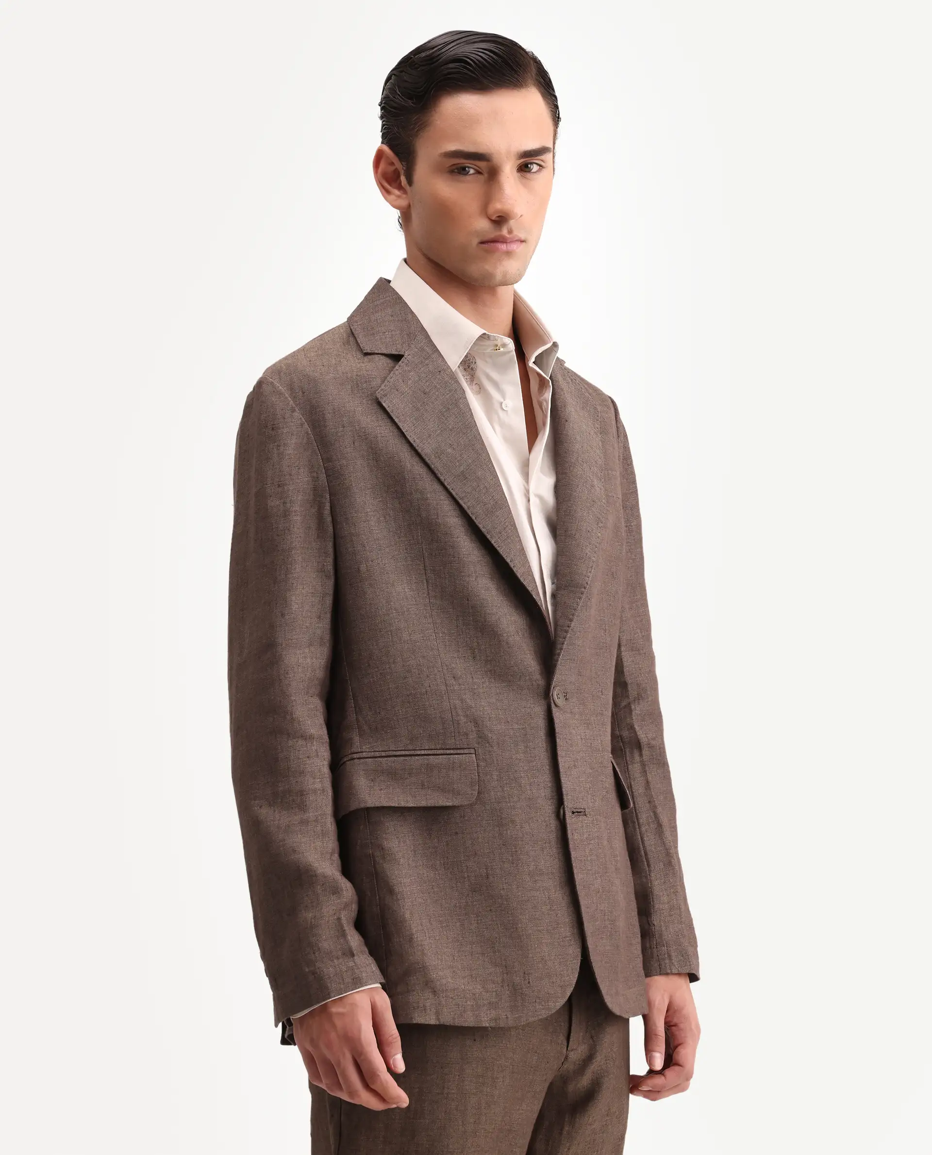 Rare Rabbit Men's Borium-Bl Brown 100% Linen Fabric Full Sleeve Lapel Collar Regular Plain Blazer - Image 3