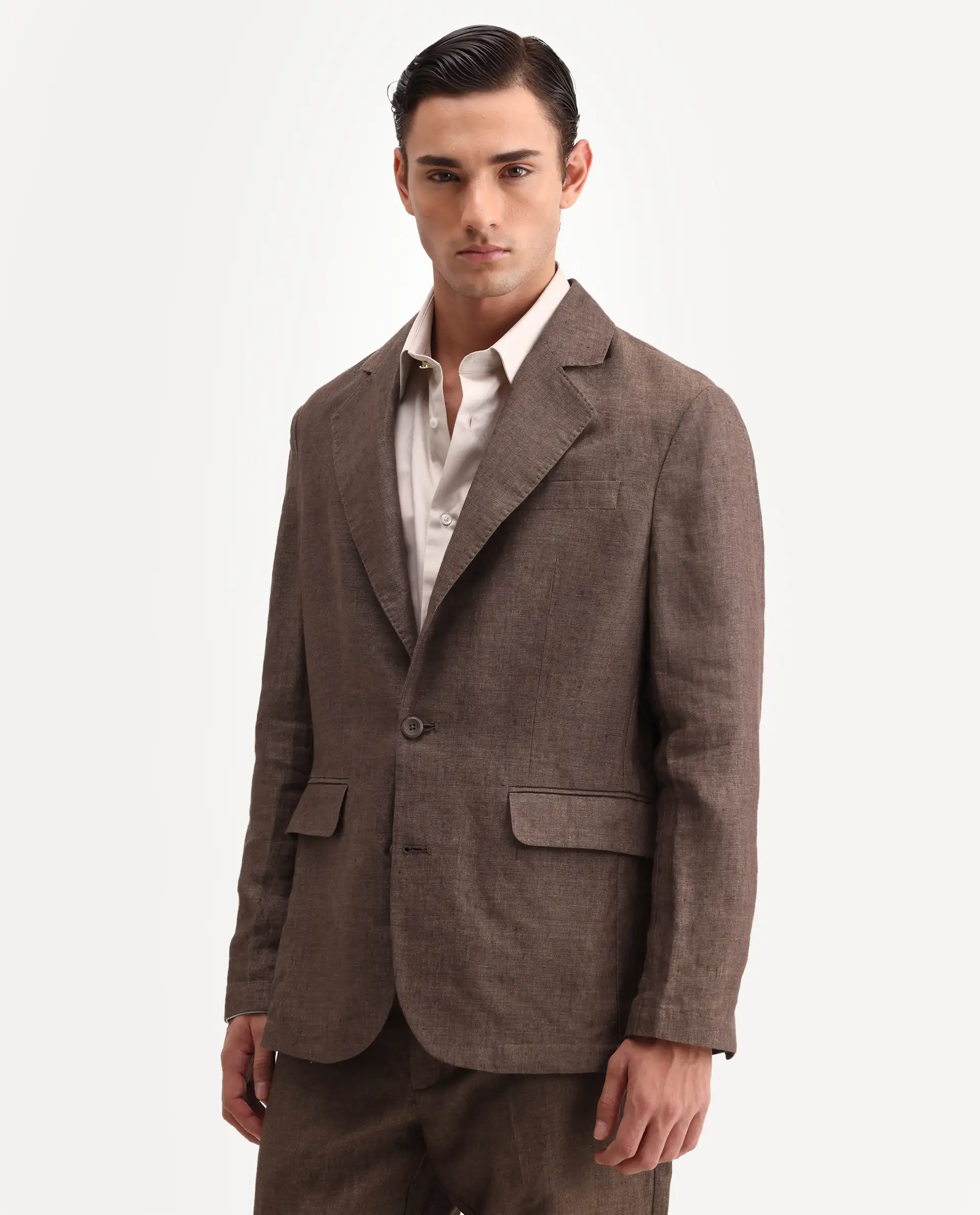 Rare Rabbit Men's Borium-Bl Brown 100% Linen Fabric Full Sleeve Lapel Collar Regular Plain Blazer - Image 4