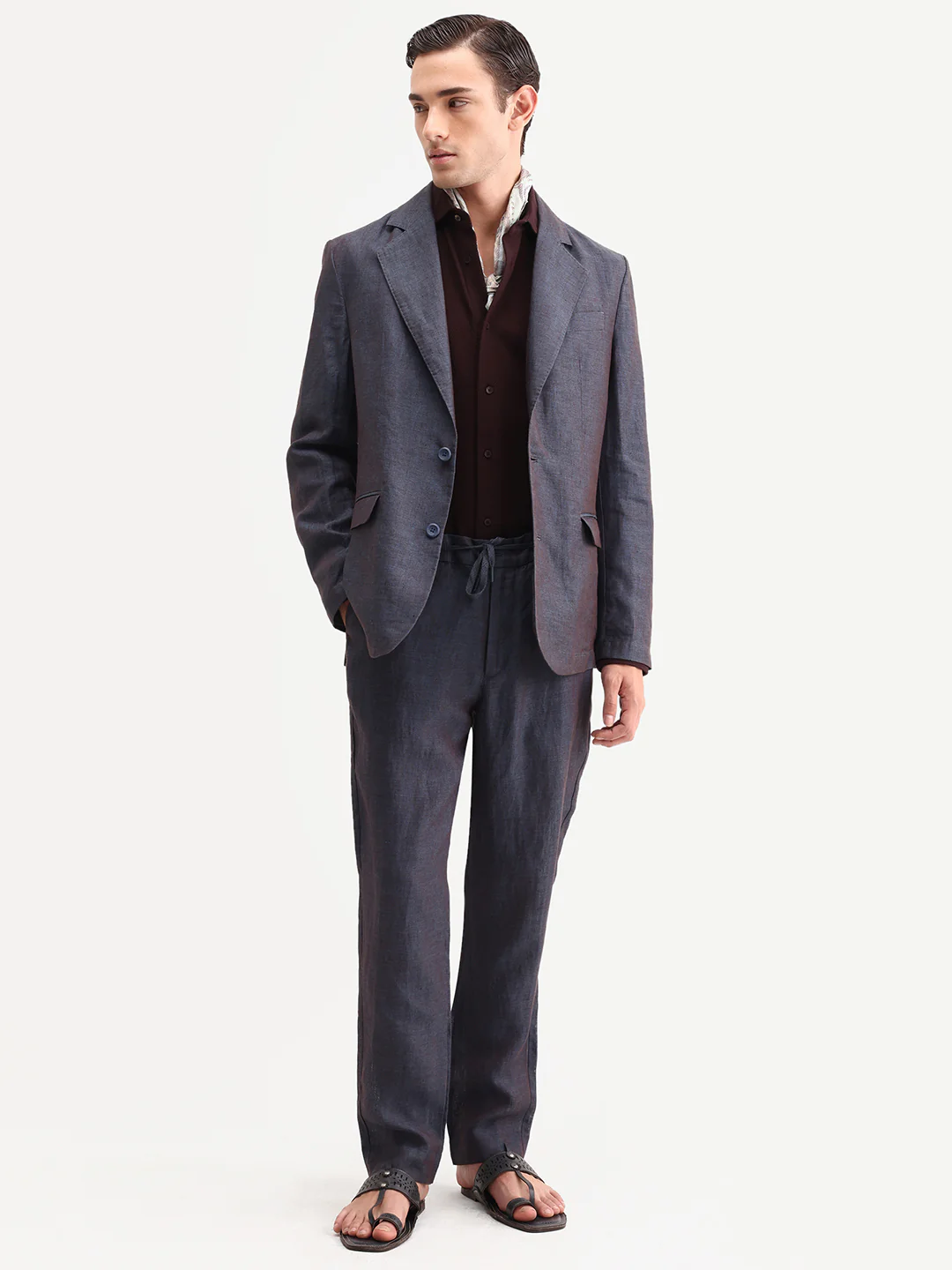 Rare Rabbit Men's Borium-Bl Dark Blue 100% Linen Fabric Full Sleeve Lapel Collar Regular Plain Blazer - Image 2