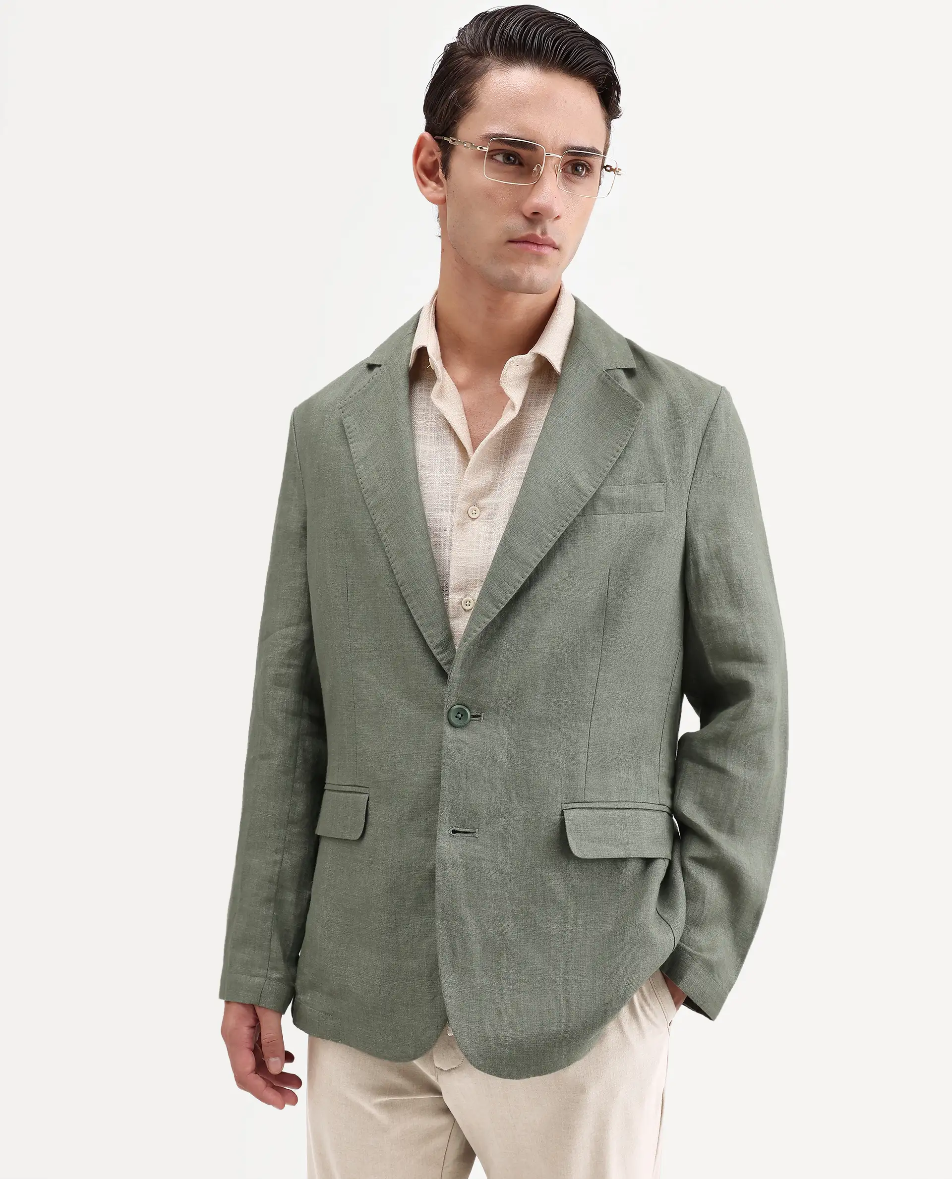 Rare Rabbit Men's Borium-Bl Dusky Green 100% Linen Fabric Full Sleeve Lapel Collar Regular Plain Blazer