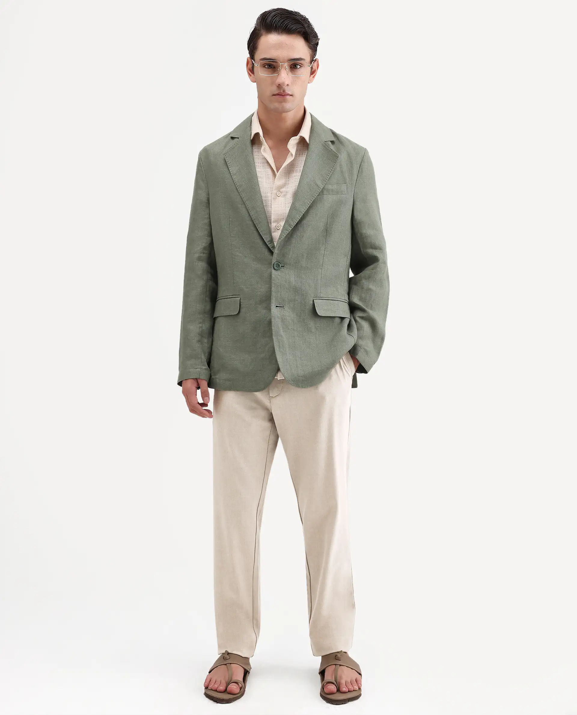Rare Rabbit Men's Borium-Bl Dusky Green 100% Linen Fabric Full Sleeve Lapel Collar Regular Plain Blazer - Image 2