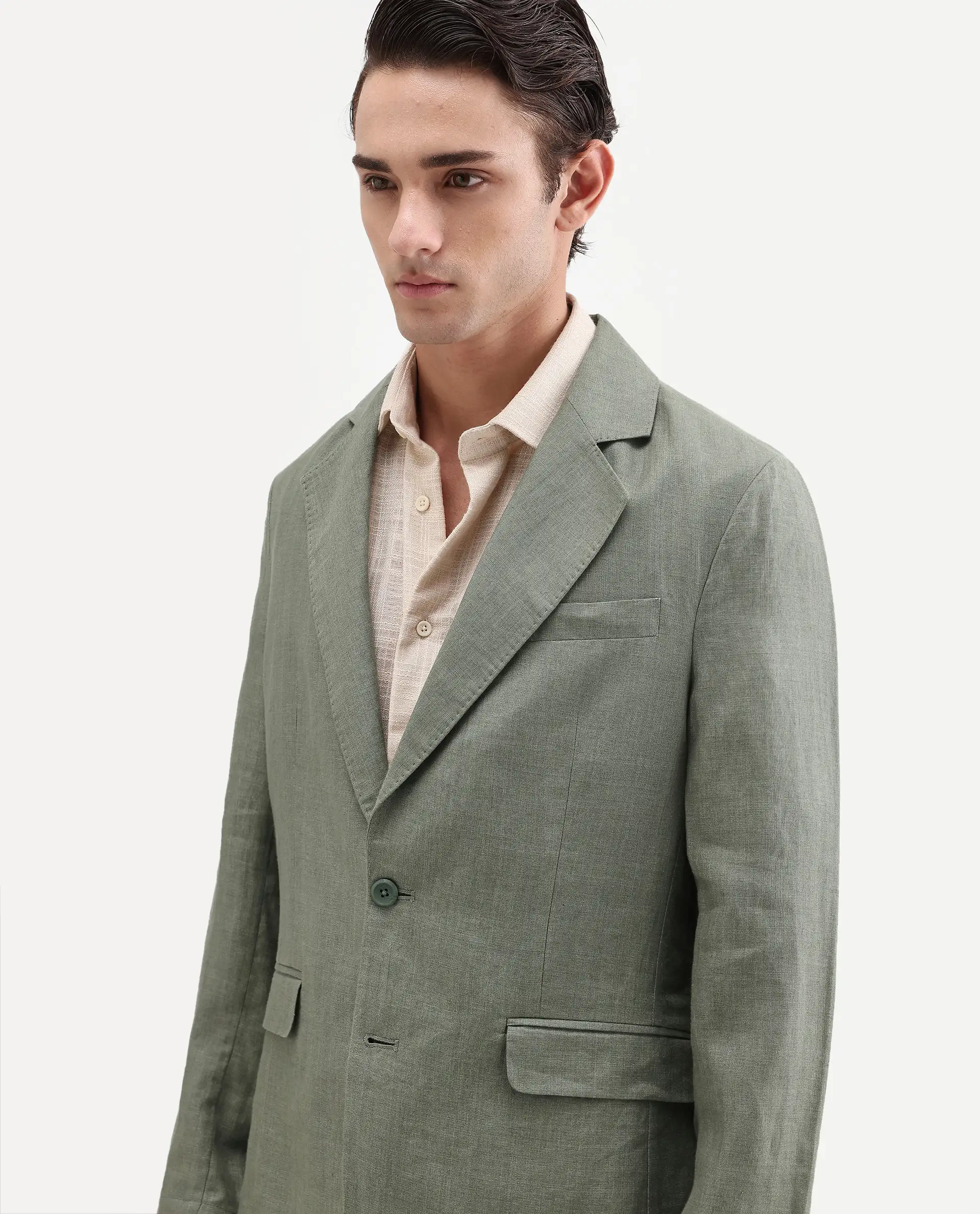 Rare Rabbit Men's Borium-Bl Dusky Green 100% Linen Fabric Full Sleeve Lapel Collar Regular Plain Blazer - Image 3