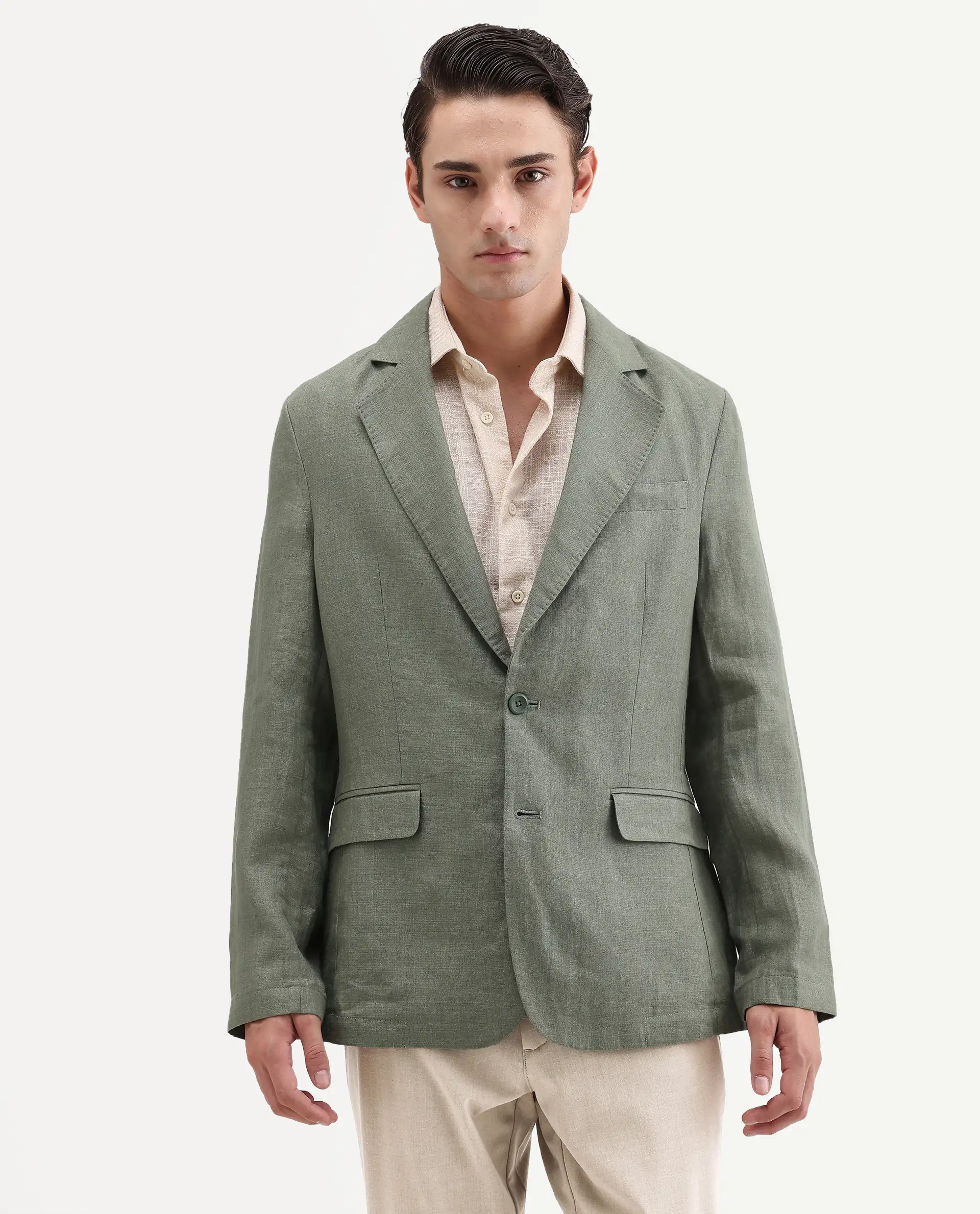 Rare Rabbit Men's Borium-Bl Dusky Green 100% Linen Fabric Full Sleeve Lapel Collar Regular Plain Blazer - Image 4