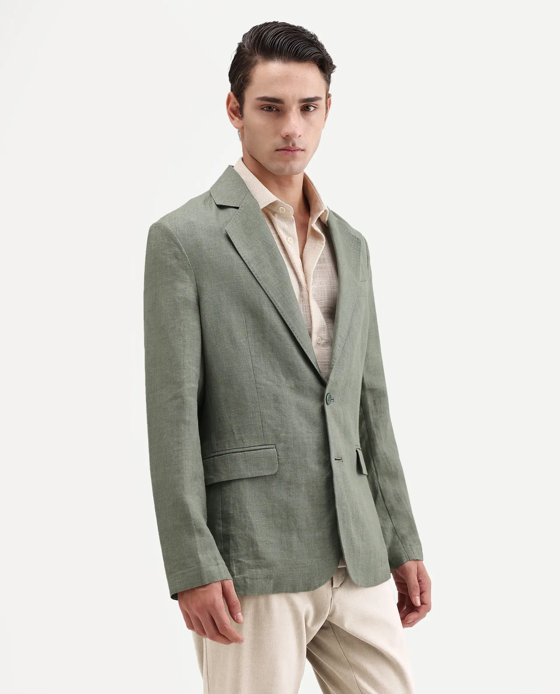 Rare Rabbit Men's Borium-Bl Dusky Green 100% Linen Fabric Full Sleeve Lapel Collar Regular Plain Blazer - Image 5