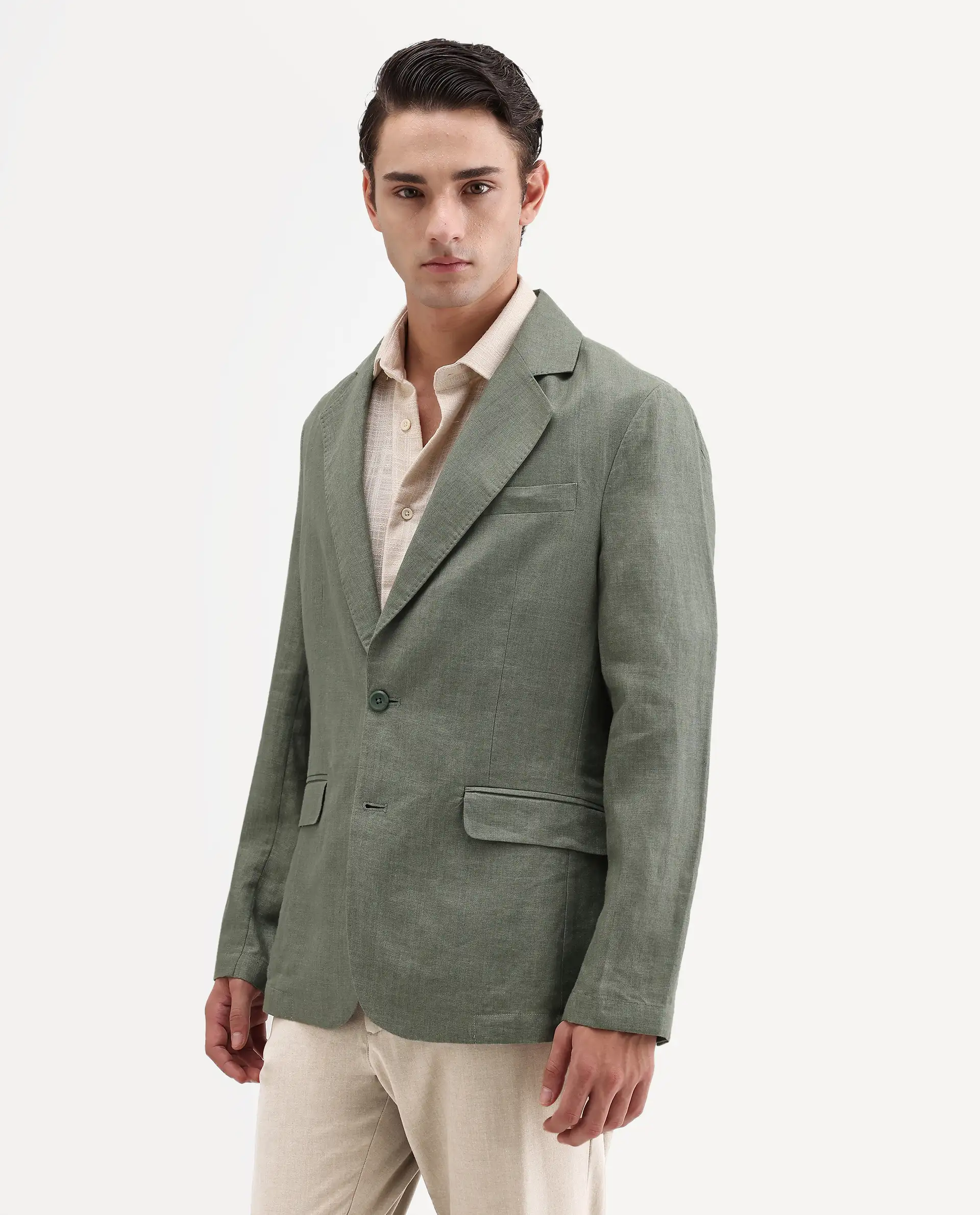 Rare Rabbit Men's Borium-Bl Dusky Green 100% Linen Fabric Full Sleeve Lapel Collar Regular Plain Blazer - Image 6