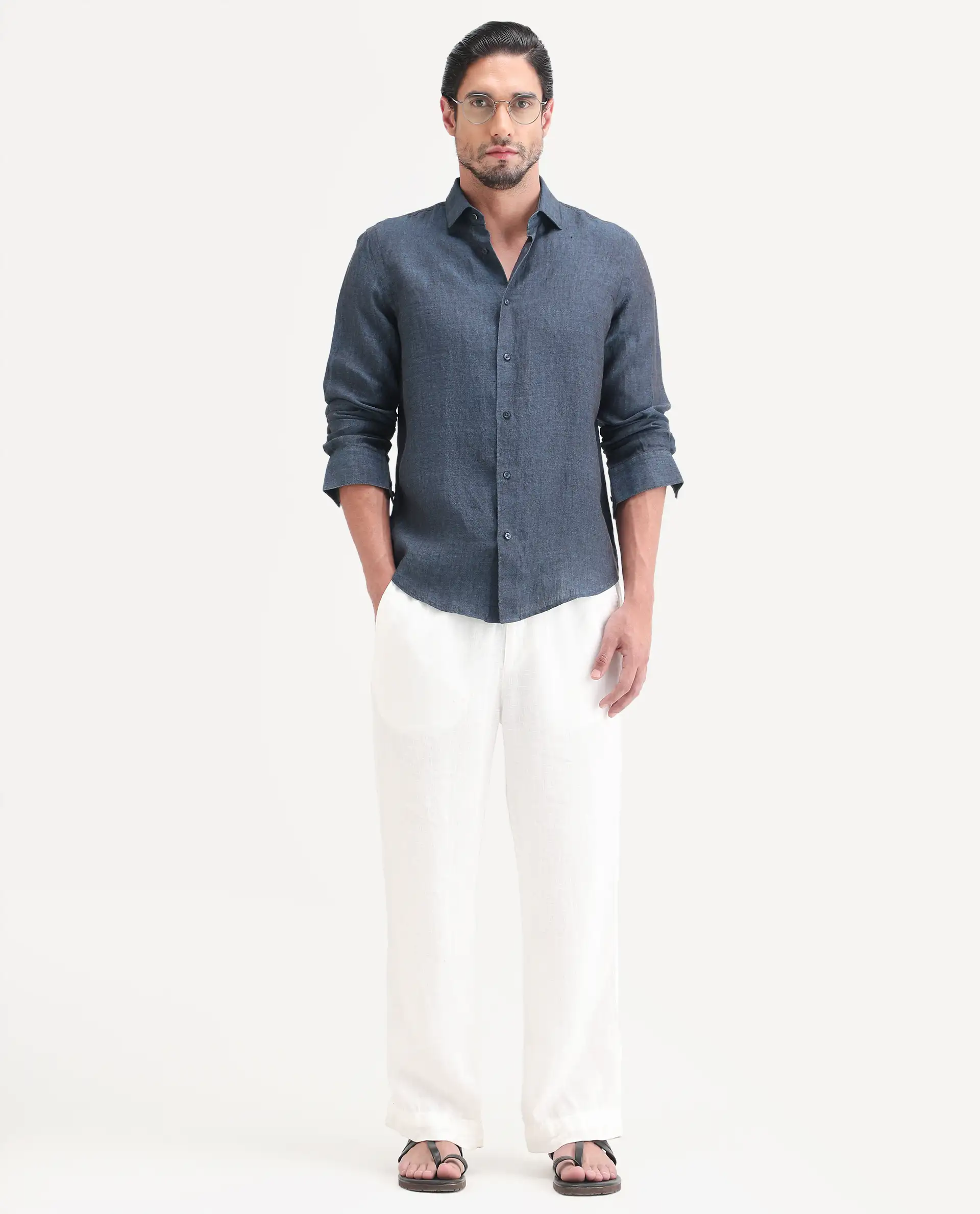 Rare Rabbit Men's Borium-D-26 Dark Blue 100% Linen Full Sleeve Spread Collar Regular Fit Plain Shirt - Image 2