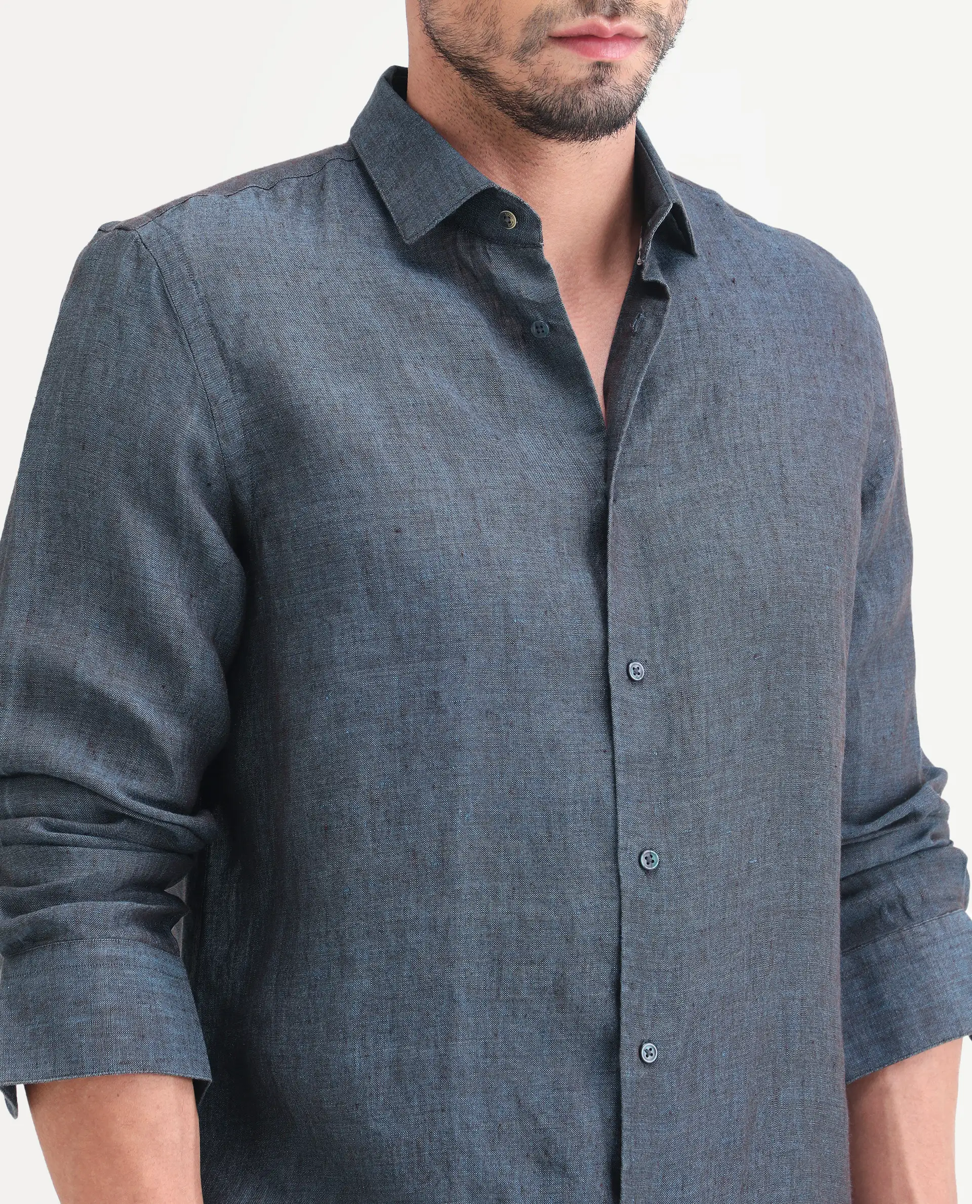 Rare Rabbit Men's Borium-D-26 Dark Blue 100% Linen Full Sleeve Spread Collar Regular Fit Plain Shirt - Image 3