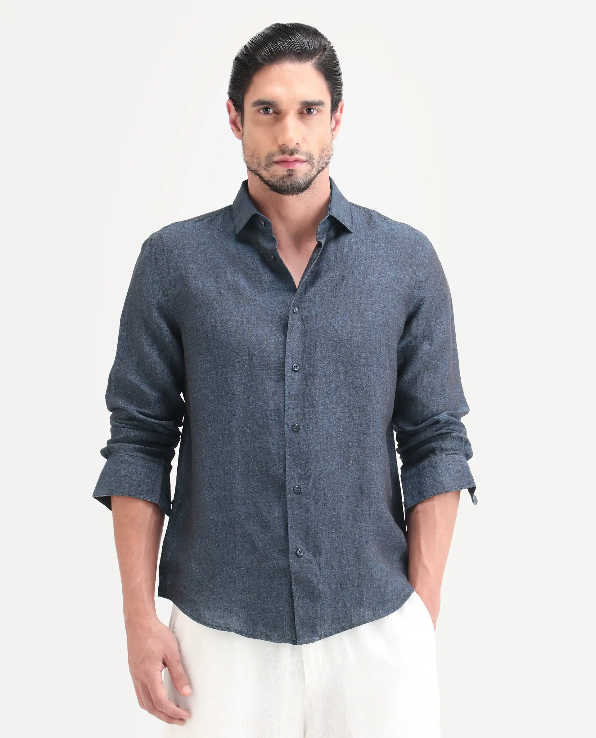 Rare Rabbit Men's Borium-D-26 Dark Blue 100% Linen Full Sleeve Spread Collar Regular Fit Plain Shirt - Image 4
