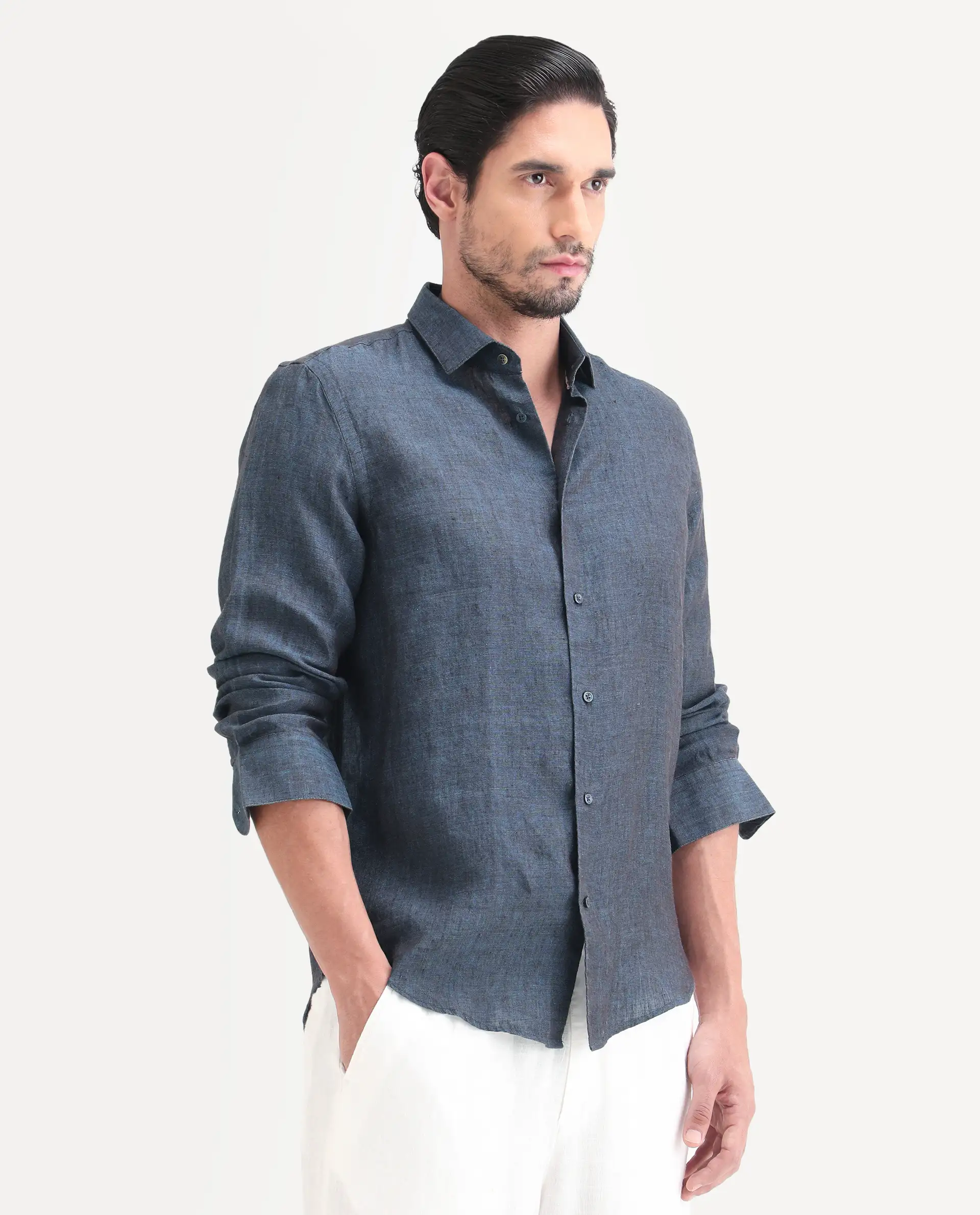 Rare Rabbit Men's Borium-D-26 Dark Blue 100% Linen Full Sleeve Spread Collar Regular Fit Plain Shirt - Image 5