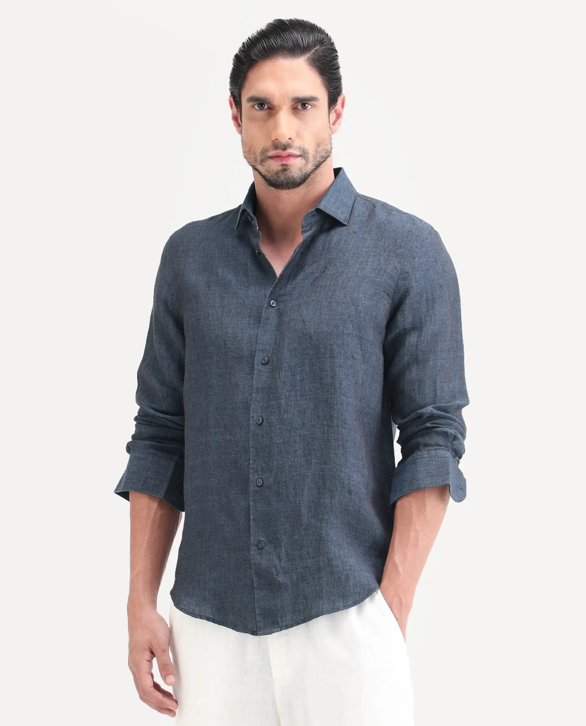 Rare Rabbit Men's Borium-D-26 Dark Blue 100% Linen Full Sleeve Spread Collar Regular Fit Plain Shirt - Image 6