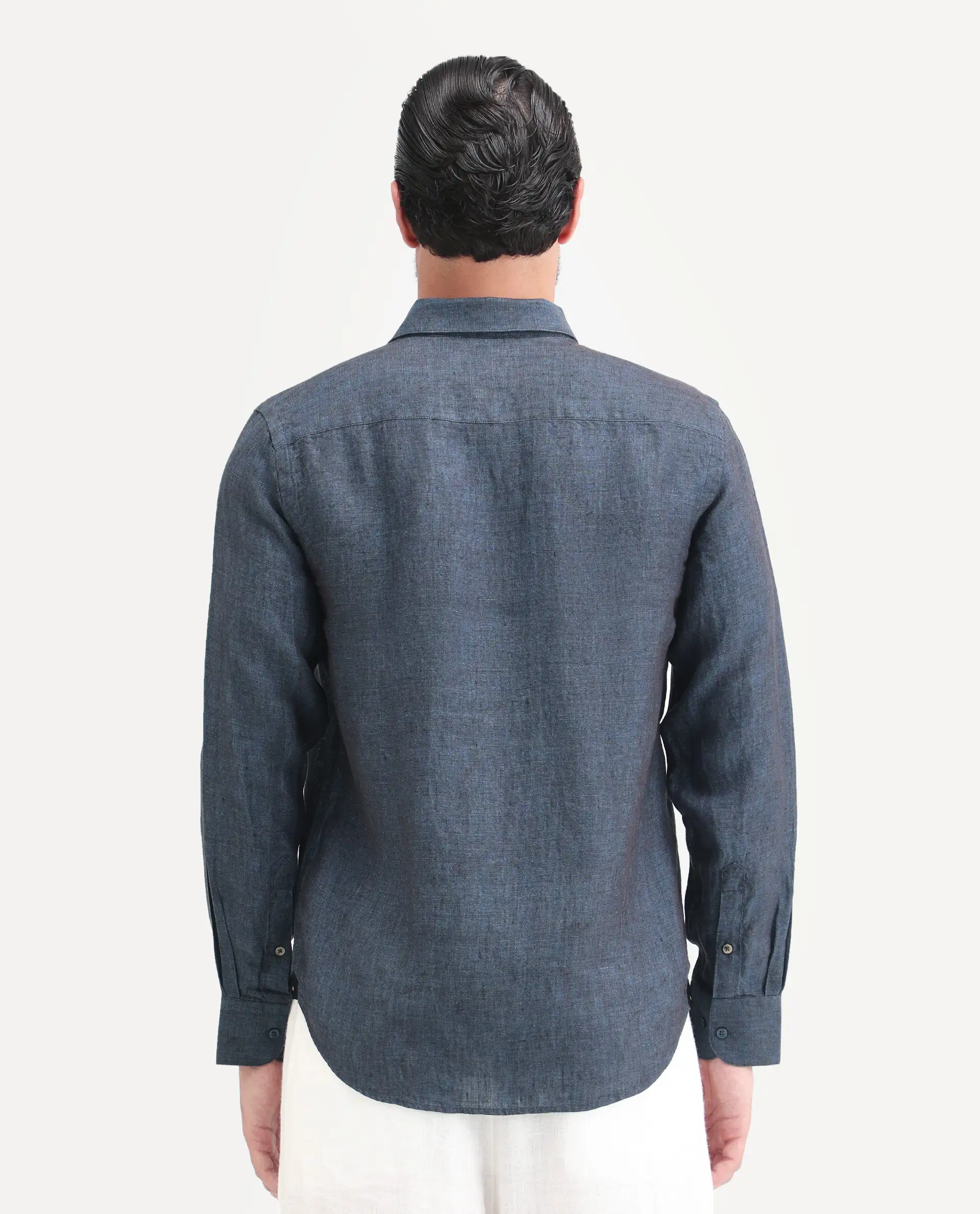 Rare Rabbit Men's Borium-D-26 Dark Blue 100% Linen Full Sleeve Spread Collar Regular Fit Plain Shirt - Image 7