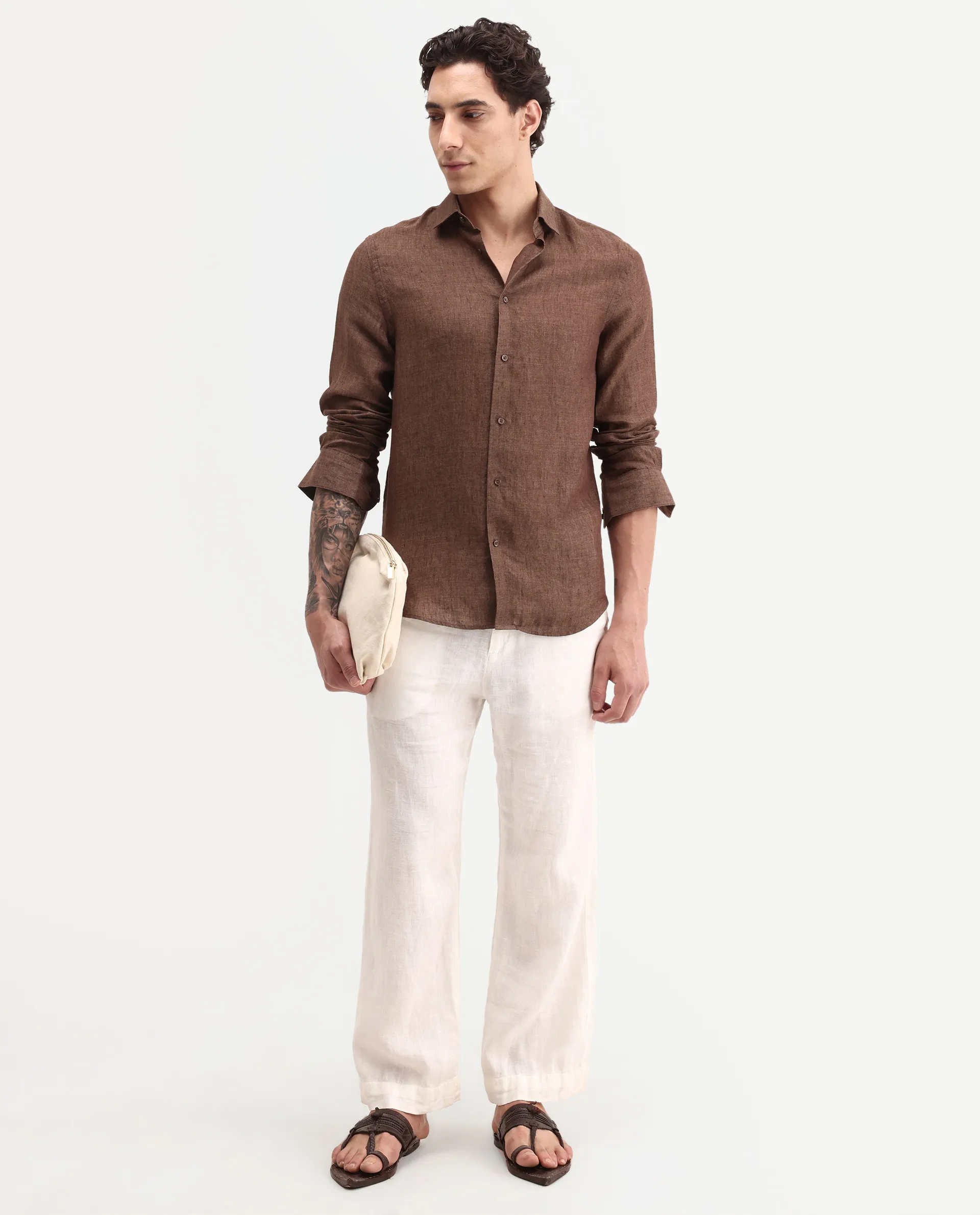 Rare Rabbit Men's Borium-D-26 Dark Brown 100% Linen Full Sleeve Spread Collar Regular Fit Plain Shirt - Image 2