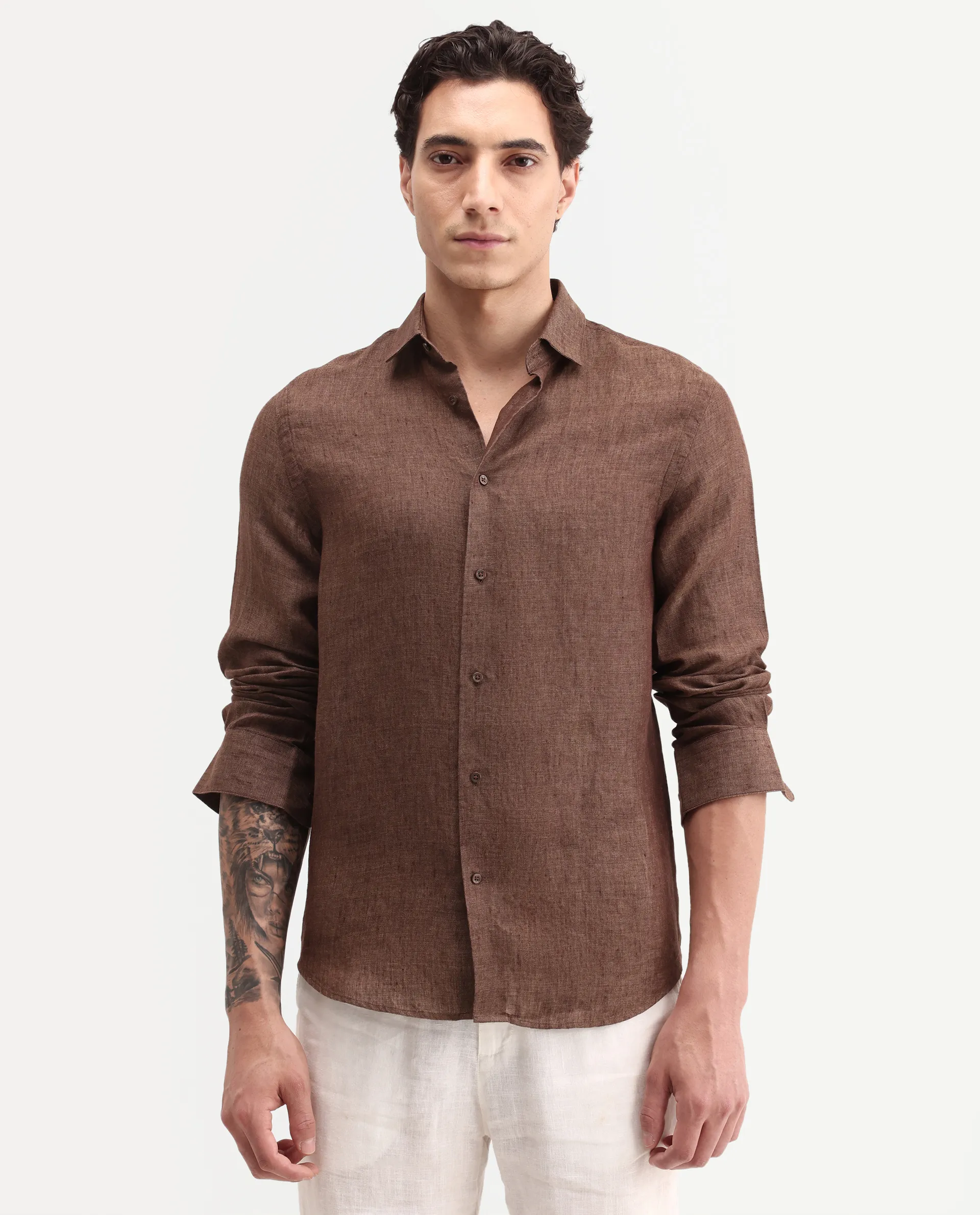 Rare Rabbit Men's Borium-D-26 Dark Brown 100% Linen Full Sleeve Spread Collar Regular Fit Plain Shirt - Image 3