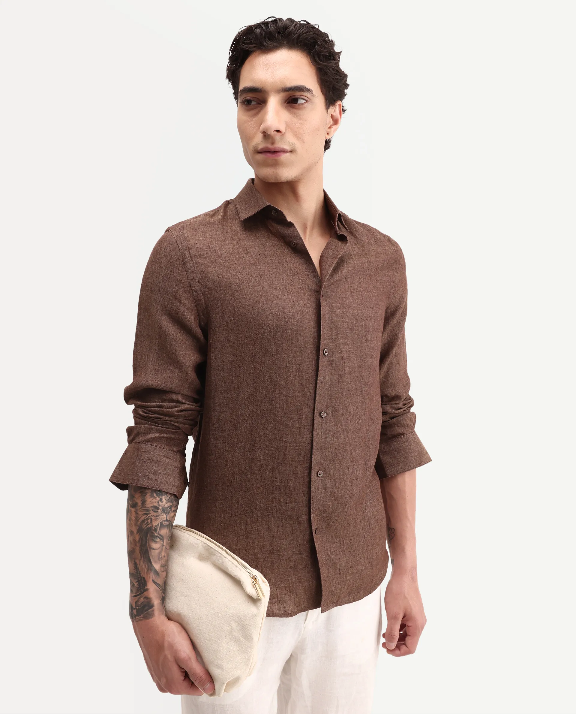 Rare Rabbit Men's Borium-D-26 Dark Brown 100% Linen Full Sleeve Spread Collar Regular Fit Plain Shirt - Image 4