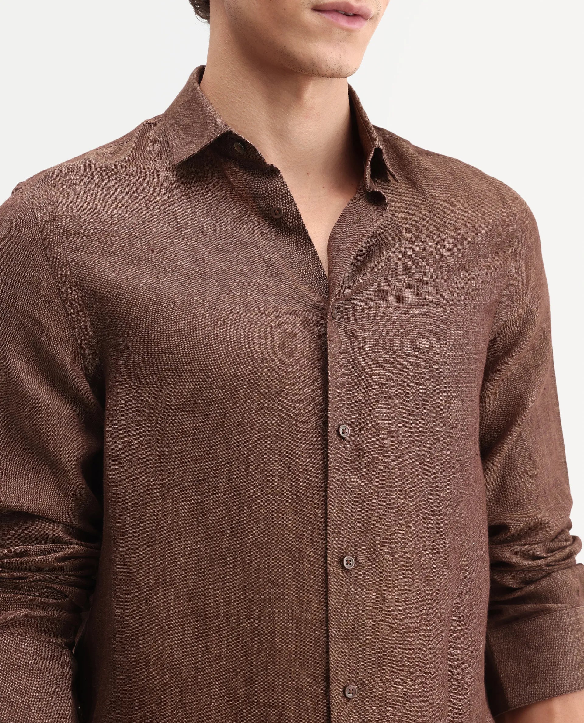Rare Rabbit Men's Borium-D-26 Dark Brown 100% Linen Full Sleeve Spread Collar Regular Fit Plain Shirt - Image 5