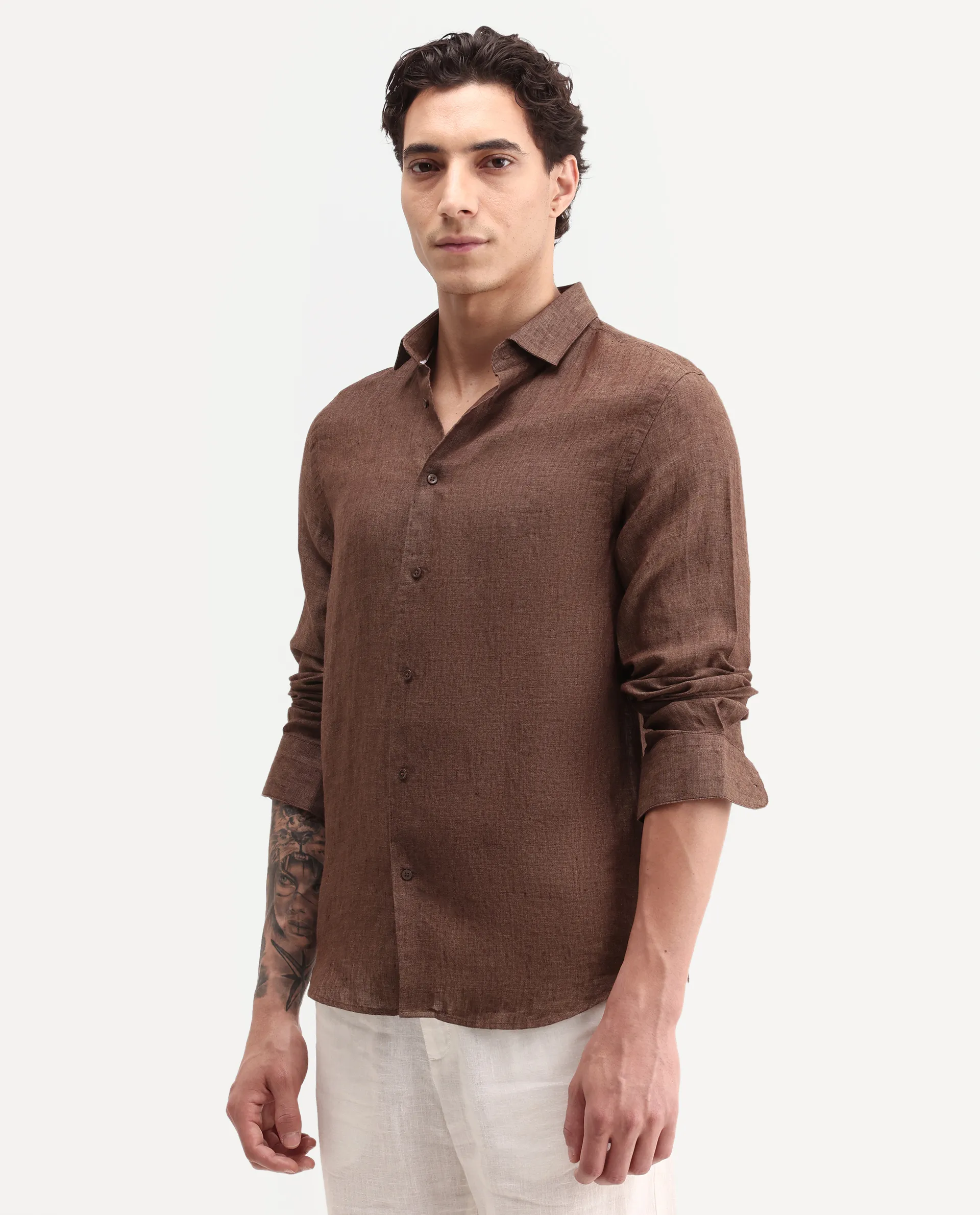 Rare Rabbit Men's Borium-D-26 Dark Brown 100% Linen Full Sleeve Spread Collar Regular Fit Plain Shirt - Image 6