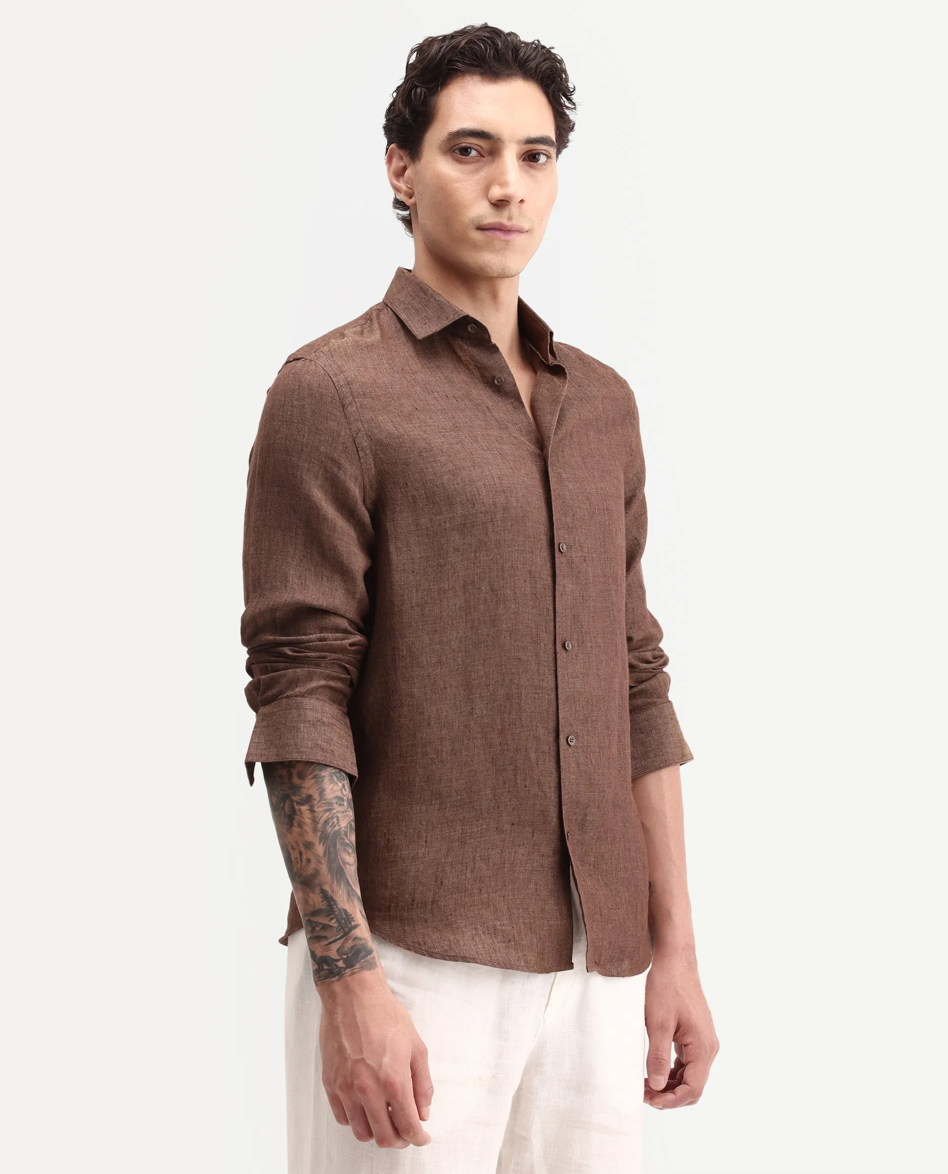 Rare Rabbit Men's Borium-D-26 Dark Brown 100% Linen Full Sleeve Spread Collar Regular Fit Plain Shirt - Image 7
