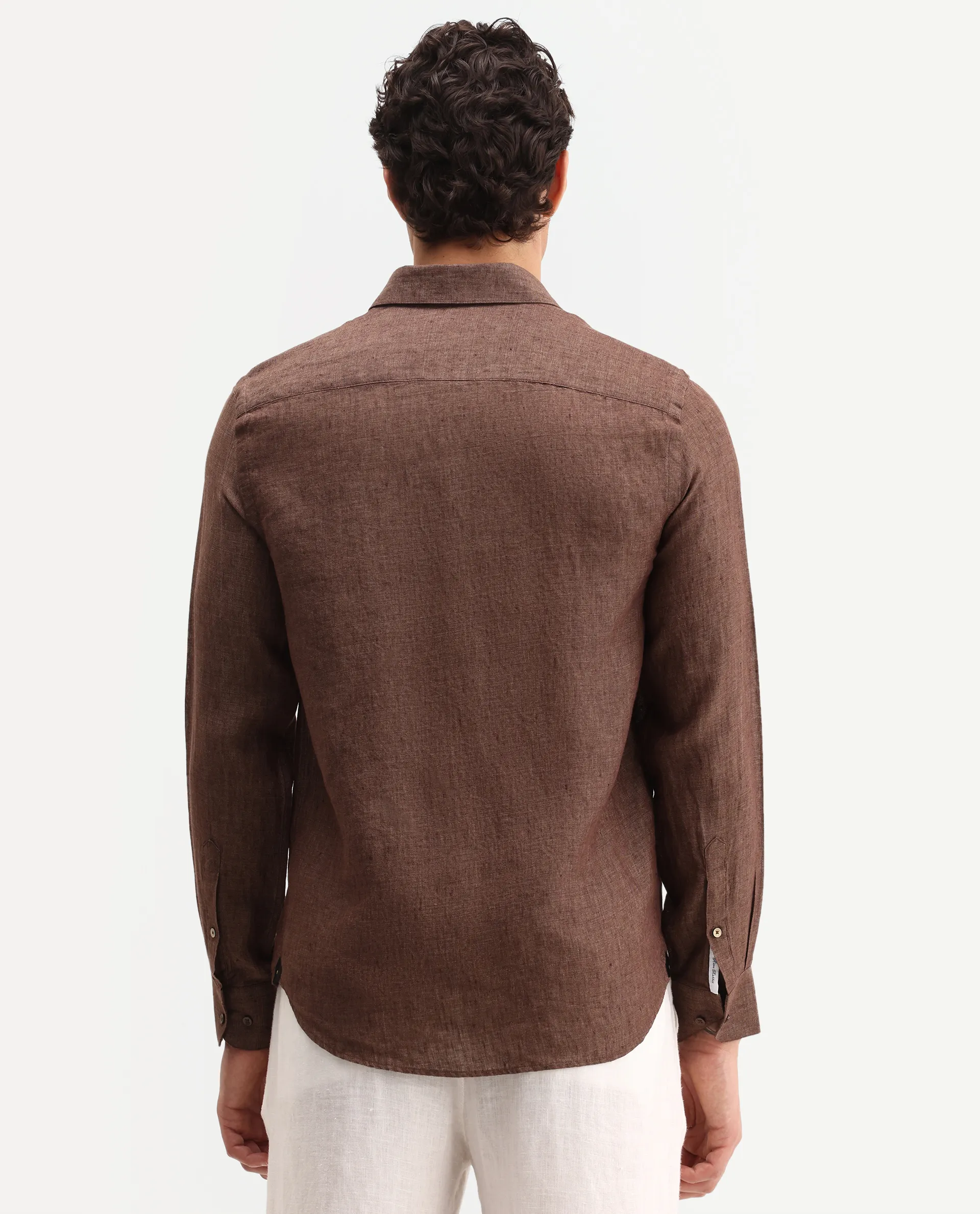 Rare Rabbit Men's Borium-D-26 Dark Brown 100% Linen Full Sleeve Spread Collar Regular Fit Plain Shirt - Image 8