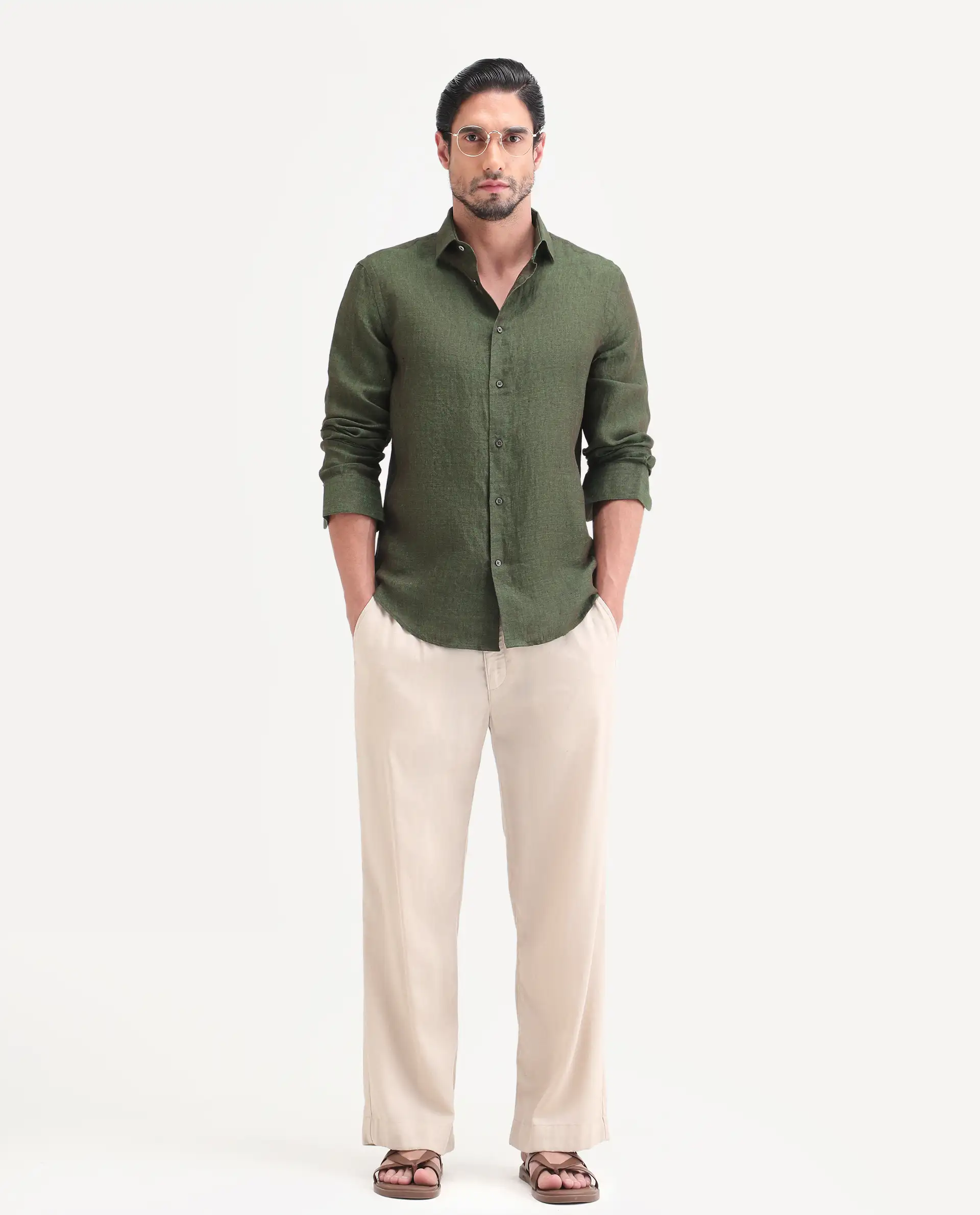 Rare Rabbit Men's Borium-D-26 Dark Green 100% Linen Full Sleeve Spread Collar Regular Fit Plain Shirt - Image 2