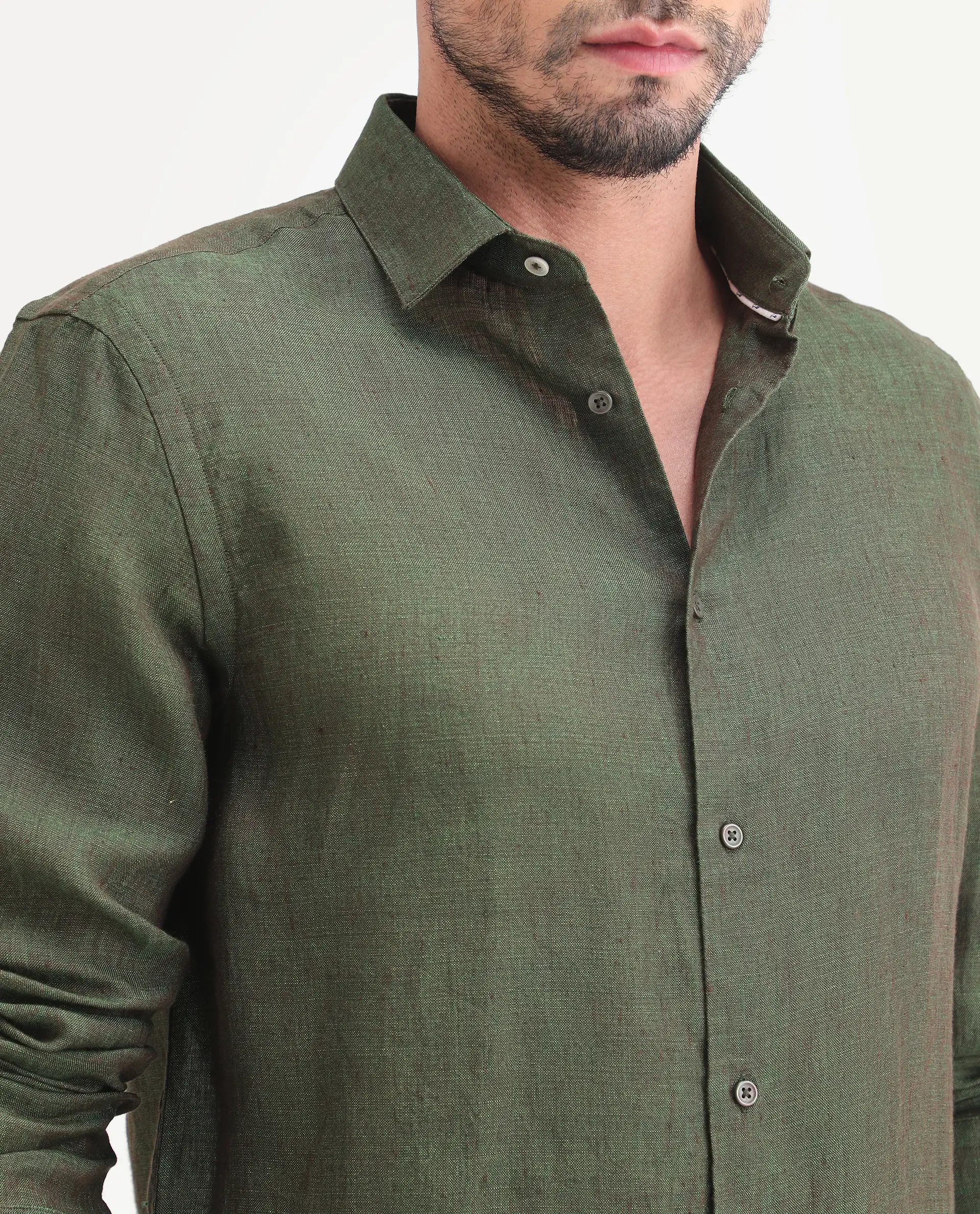 Rare Rabbit Men's Borium-D-26 Dark Green 100% Linen Full Sleeve Spread Collar Regular Fit Plain Shirt - Image 3