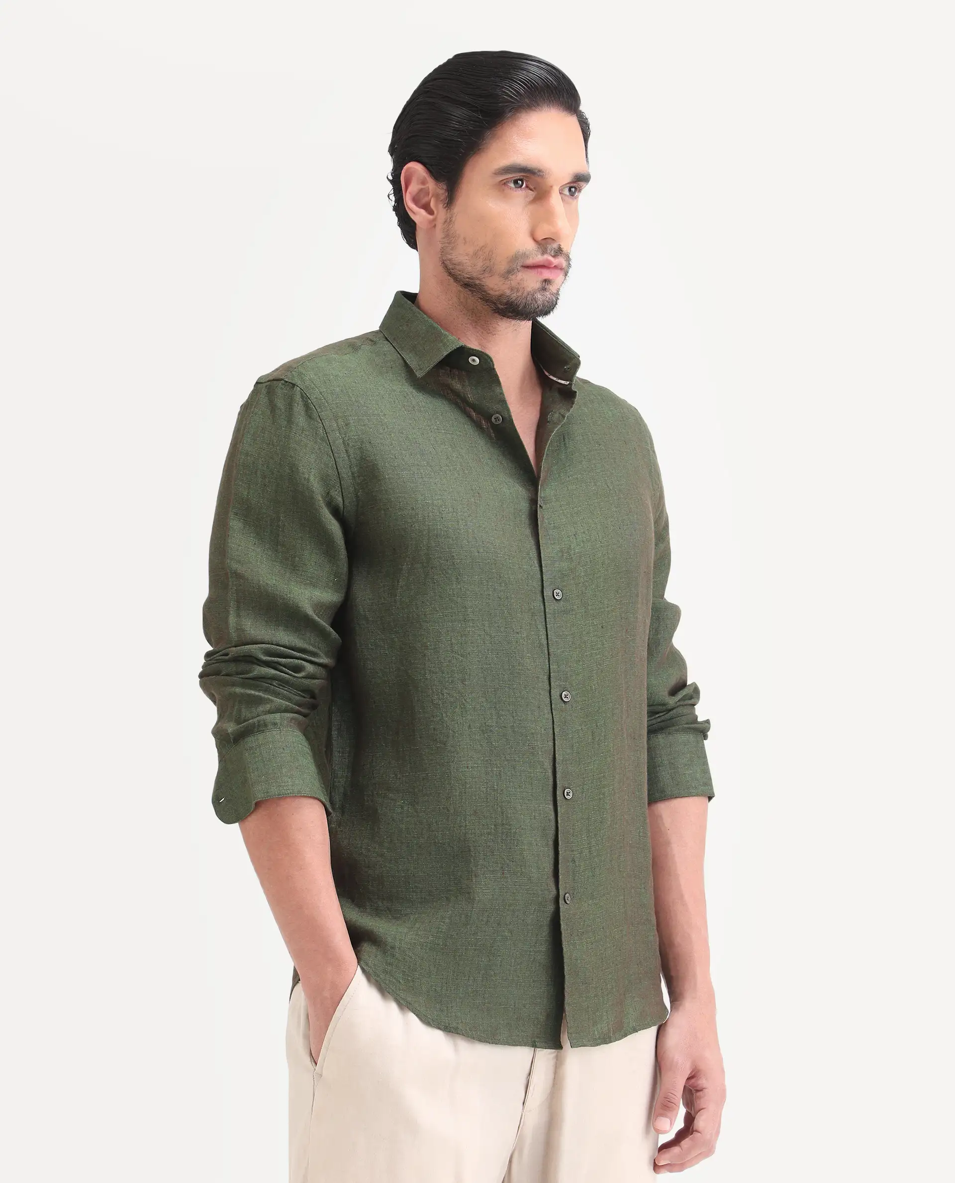 Rare Rabbit Men's Borium-D-26 Dark Green 100% Linen Full Sleeve Spread Collar Regular Fit Plain Shirt - Image 4