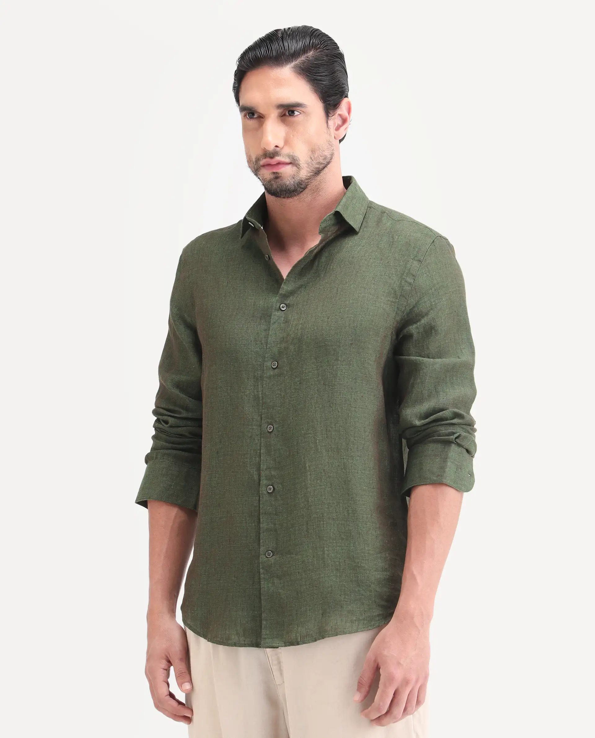 Rare Rabbit Men's Borium-D-26 Dark Green 100% Linen Full Sleeve Spread Collar Regular Fit Plain Shirt - Image 5
