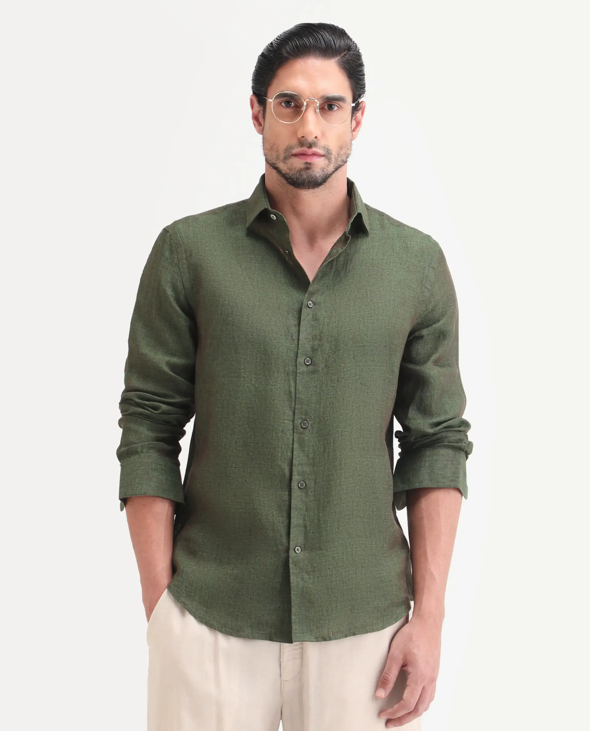 Rare Rabbit Men's Borium-D-26 Dark Green 100% Linen Full Sleeve Spread Collar Regular Fit Plain Shirt - Image 6